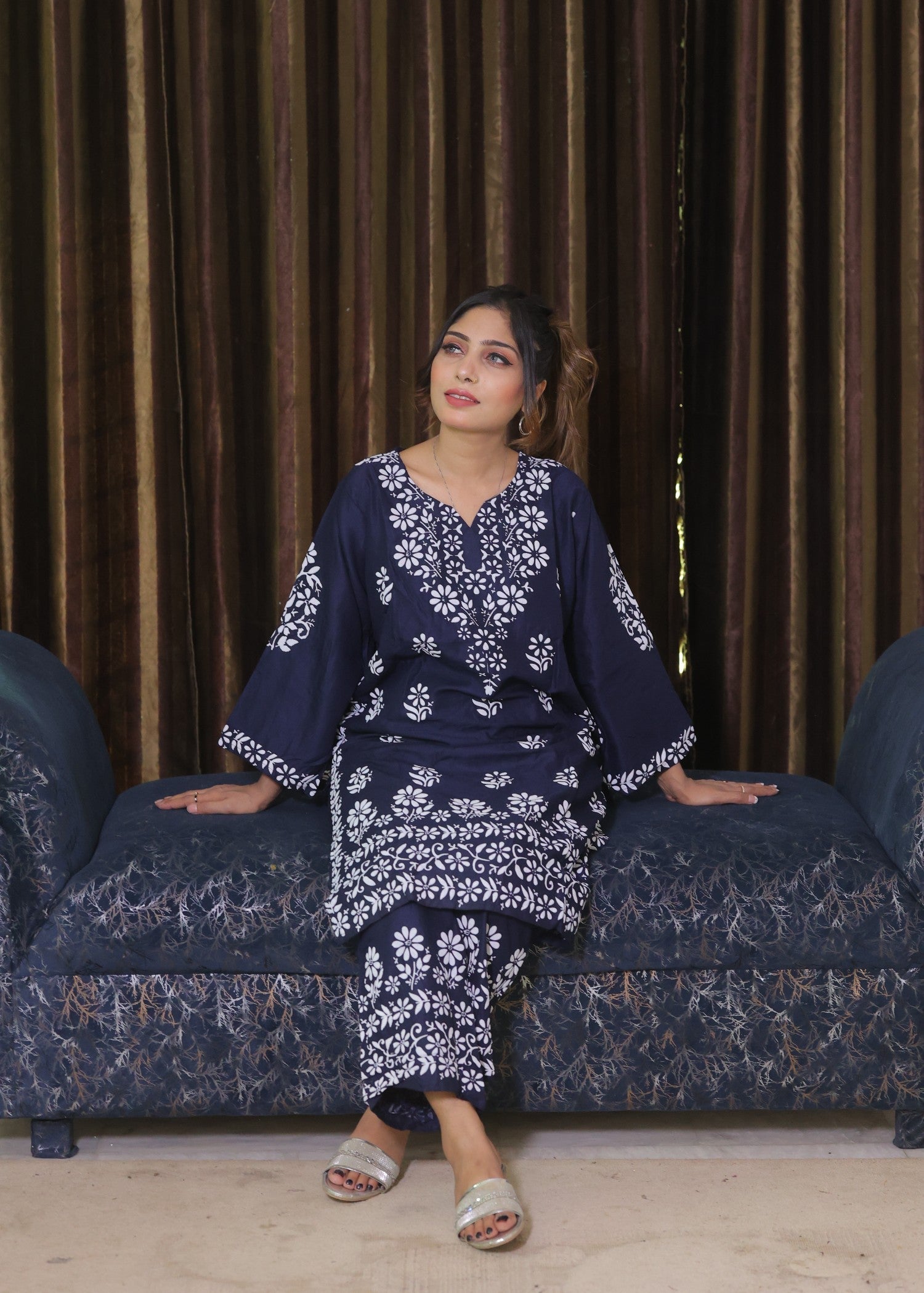 Libas Thread Foam Print Navy Blue Women 2pcs