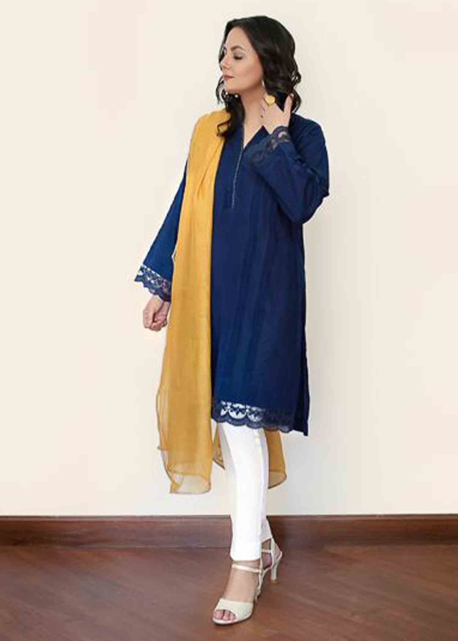 Nuqsh NRA 002 Navy Blue Kurta, White Straight Pants, Sunflower Yellow Dupatta Women