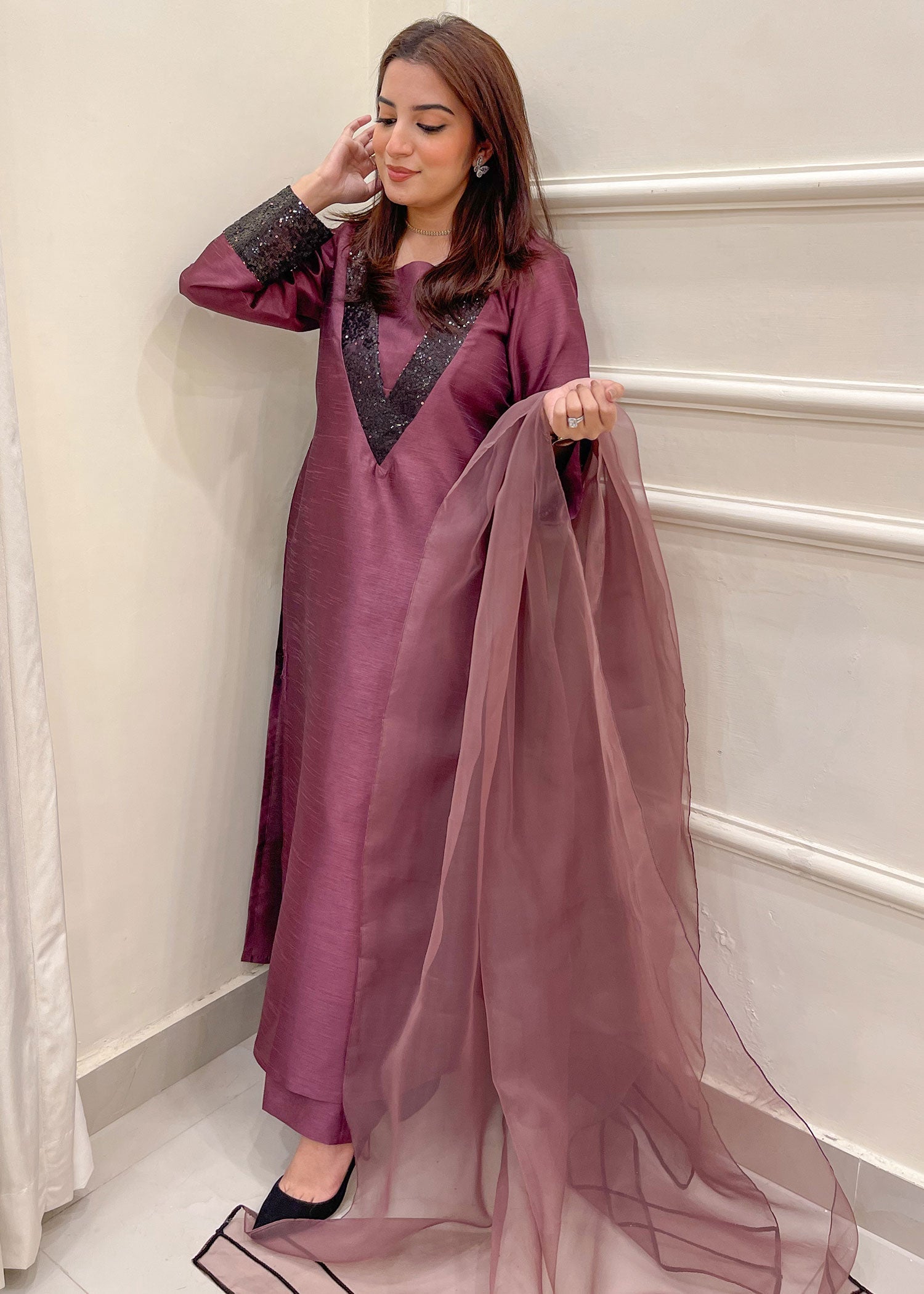 Naaz Couture Plum Embroidered Raw Silk Suit Women 3pcs