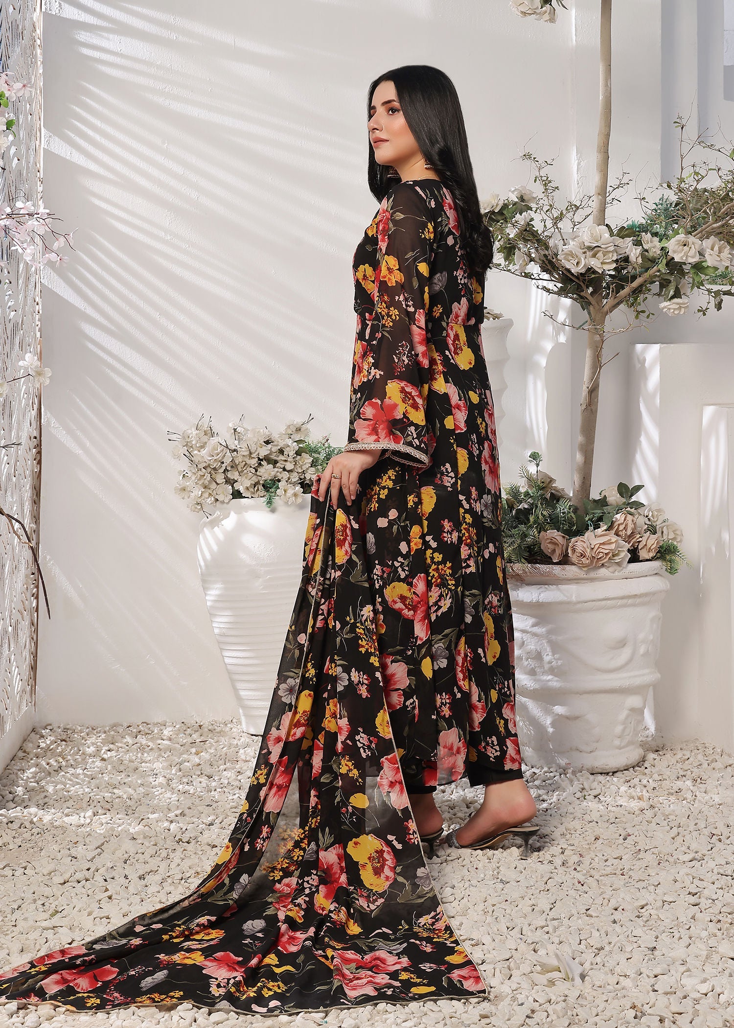 Nazmina Charcoal charm flowy dress Women 3pcs