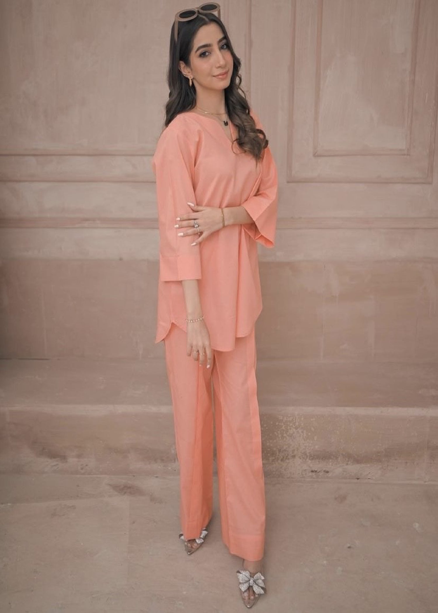 Zauk Peach Two Piece Dress Women 2pcs