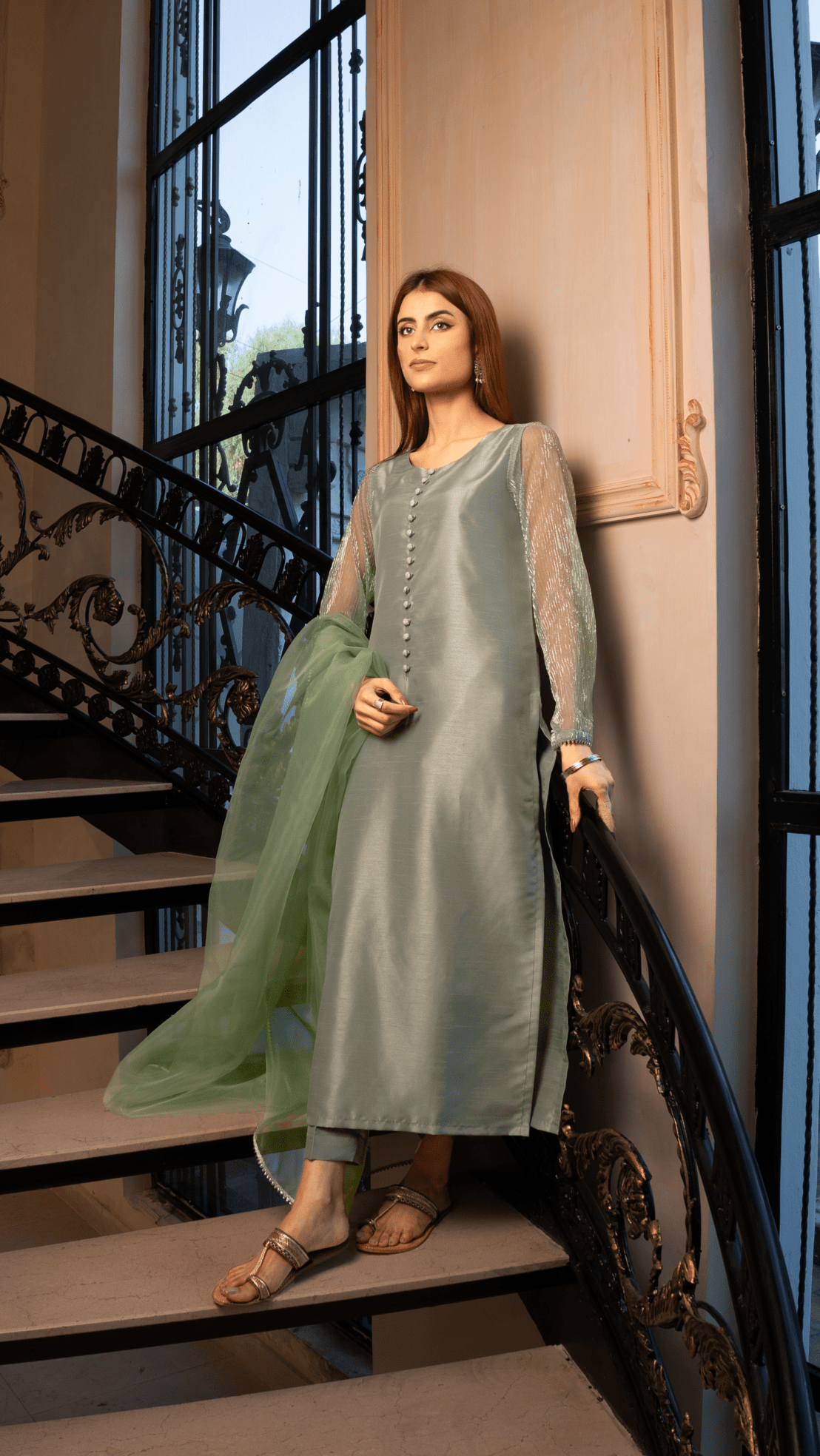Naaz Couture Pistachio Green Raw Silk Suit Women 3pcs