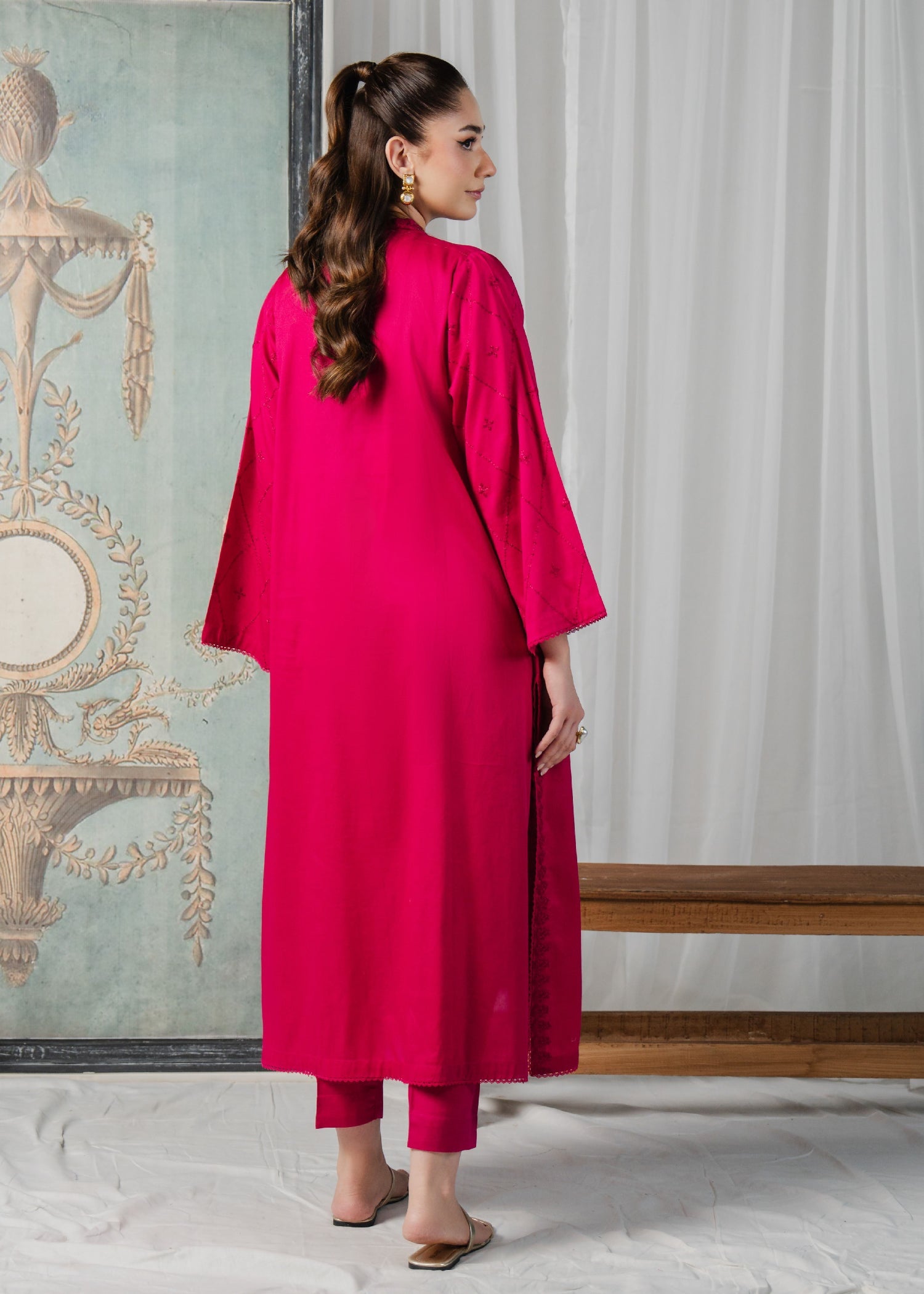 Buzzazi Bright Pink Embroidered Suit Women 2pcs