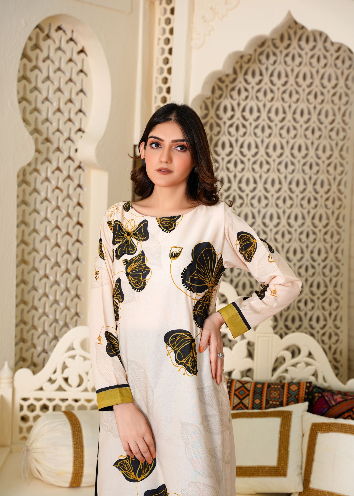 Athena Apparels Lavinia Creamy Hand Worked Long Shirt 357 Women 1pcs