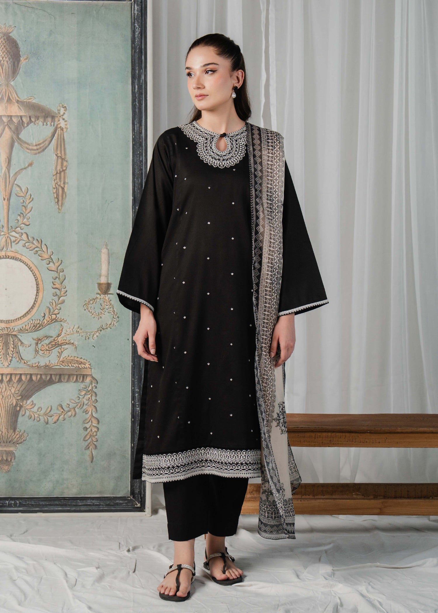 Buzzazi Black Embroidered Suit Women 3pcs