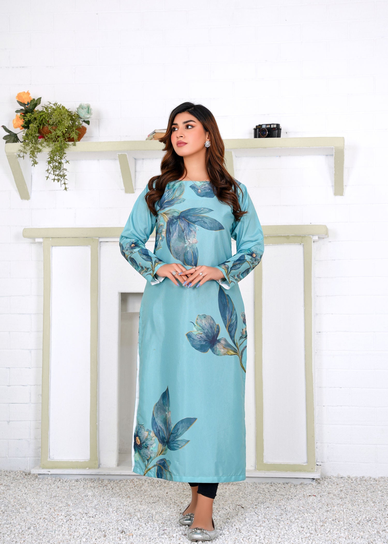 Athena Apparels Jada: Pacific Blue Color Long Shirt With A Touch Of Flower 387 Women 1pcs