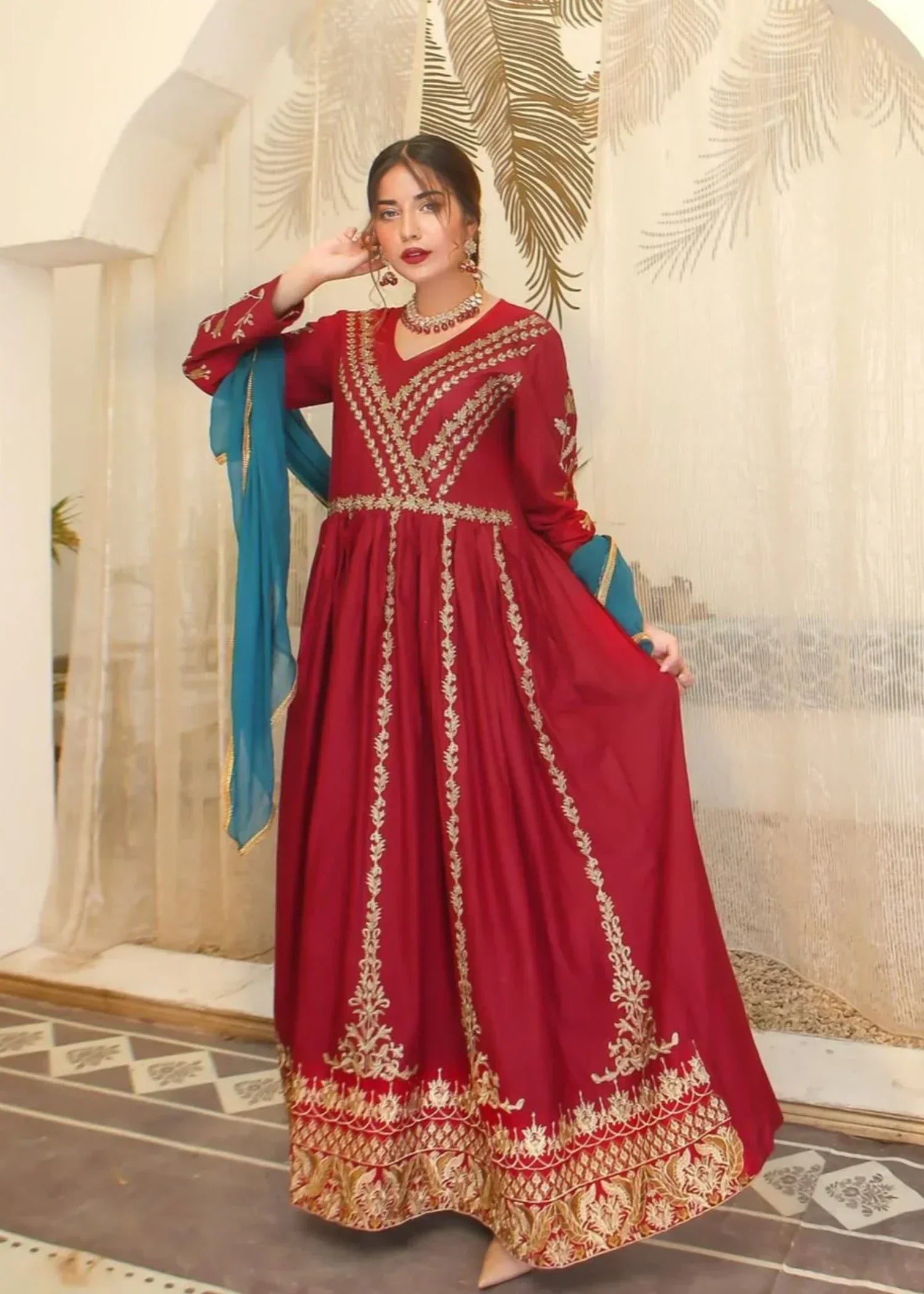 Akhrot Clothing Maroon Vintage Frock Women 2pcs