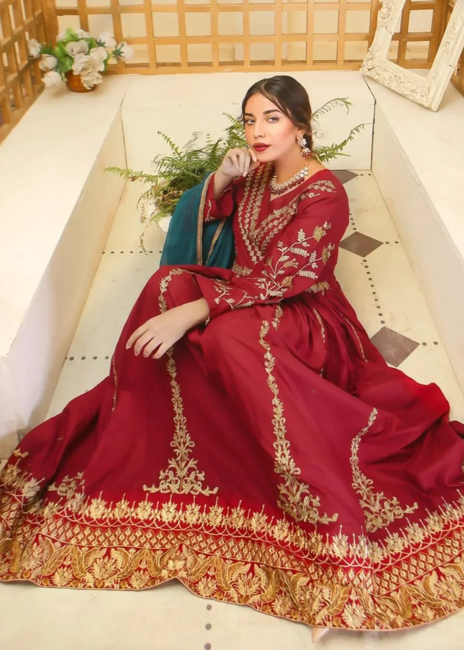 Akhrot Clothing Maroon Vintage Frock Women 2pcs