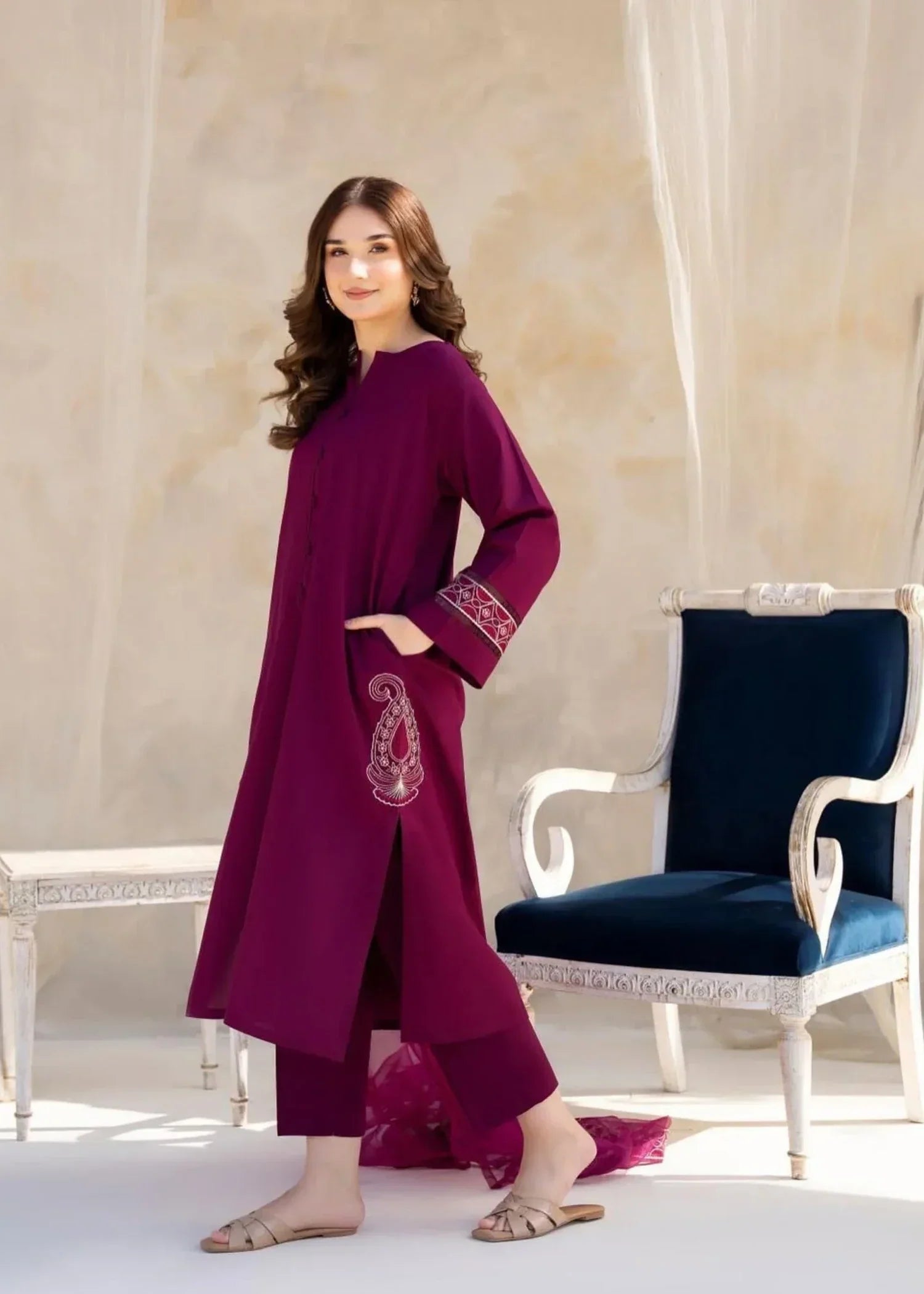 Sajfi Closet Falsiana Stitched Suit with Embroidered Dupatta Women 3pcs