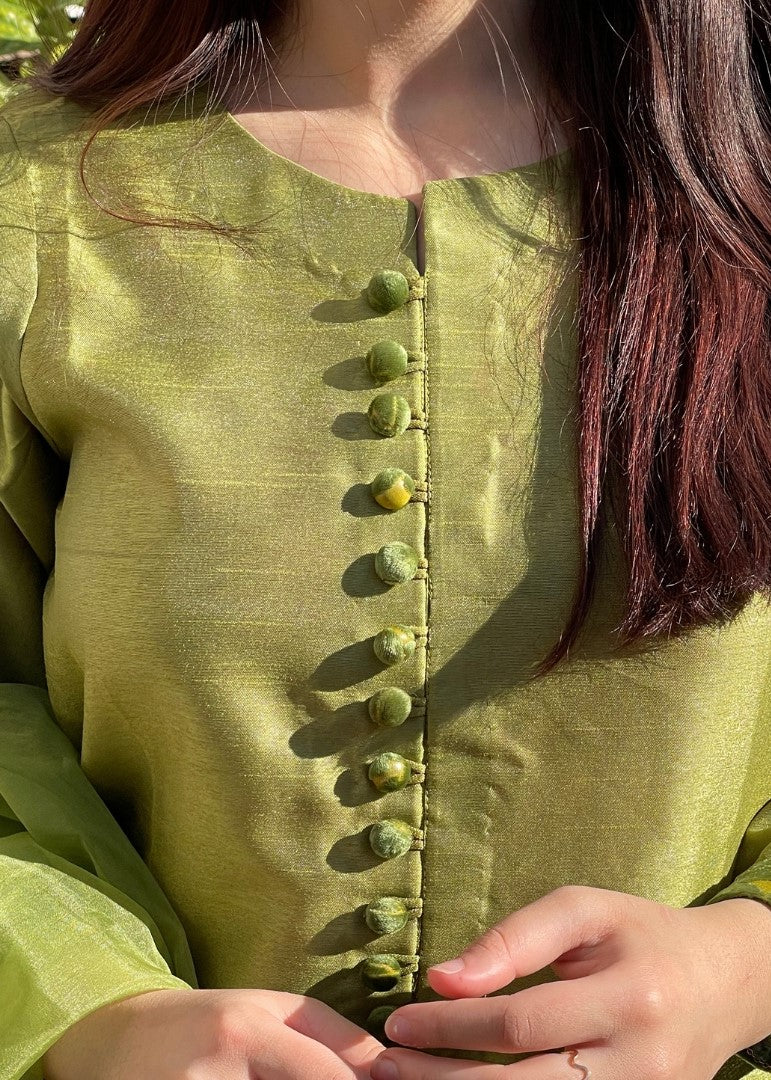 Haya'S Creation Apple Green Raw Silk Dress with Plachi Details Women 3pcs