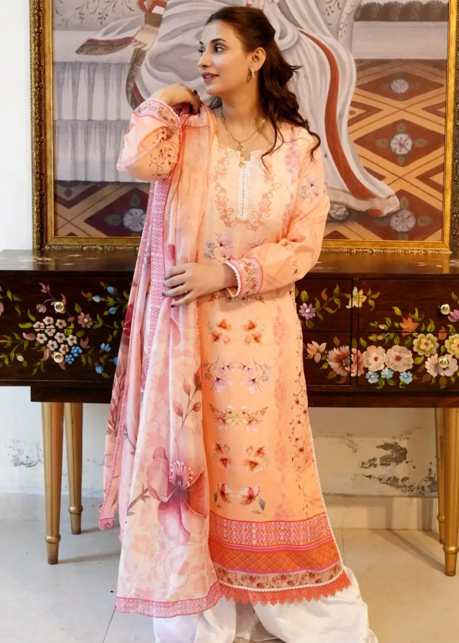OR COUTURE BY RAMSHA OBAID Peach Printed Lawn Women 3pcs