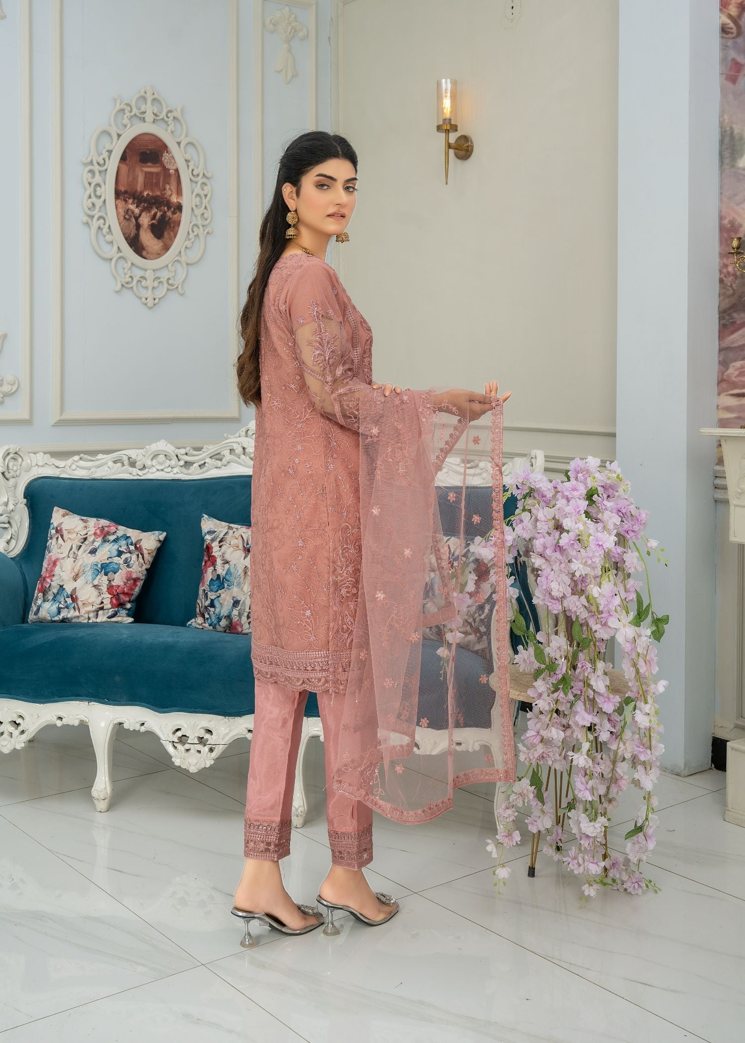 Pehnawa By Bin Akram’s TEA PINK TEMPTATION EMBROIDERED NET Women 3pcs