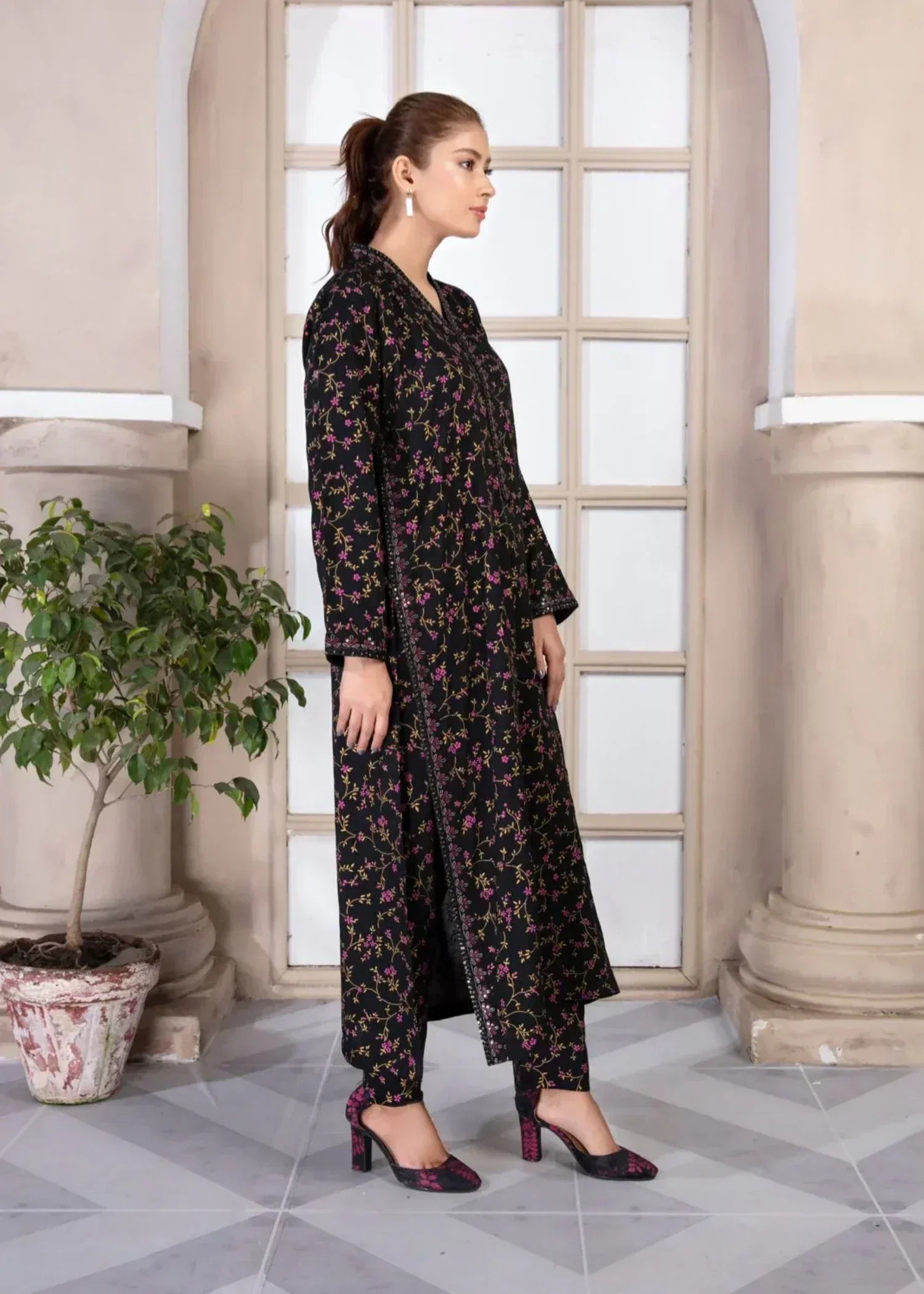 Sajfi Closet Black Rose Printed Stitched with Embroidered borders all over Women 2pcs