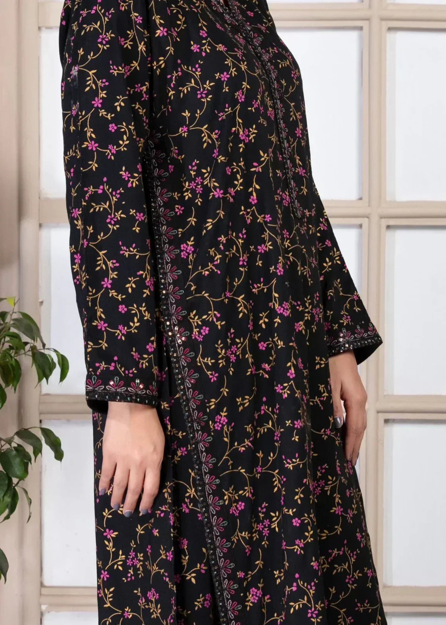 Sajfi Closet Black Rose Printed Stitched with Embroidered borders all over Women 2pcs