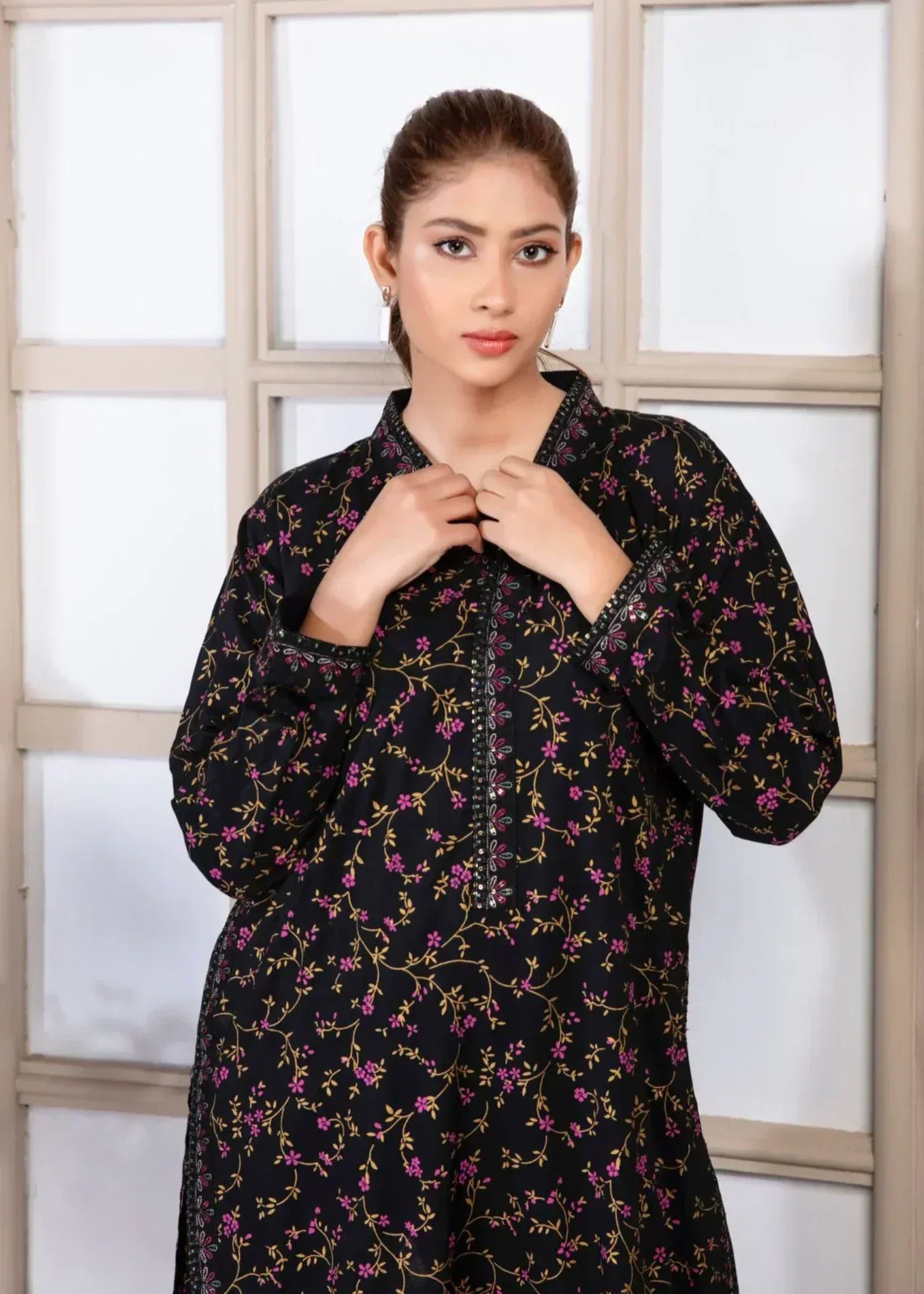 Sajfi Closet Black Rose Printed Stitched with Embroidered borders all over Women 2pcs