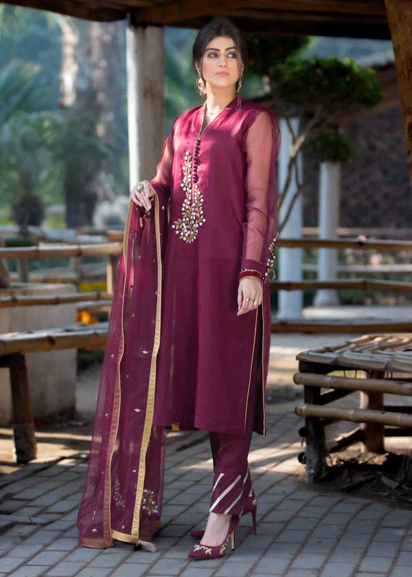 Eraj Hussain Maroon Dress — HANOOZ Women 3pcs
