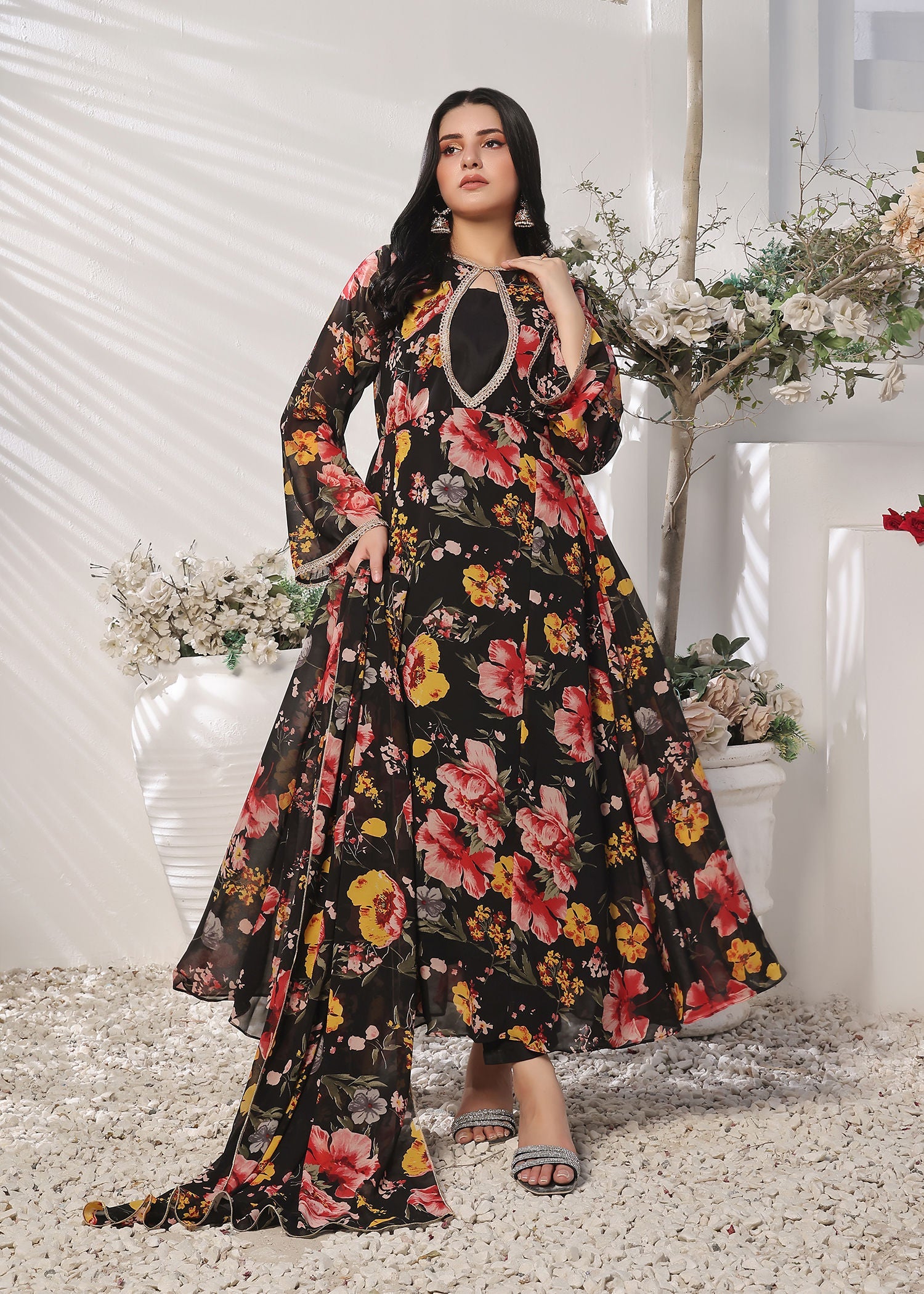 Nazmina Charcoal charm flowy dress Women 3pcs