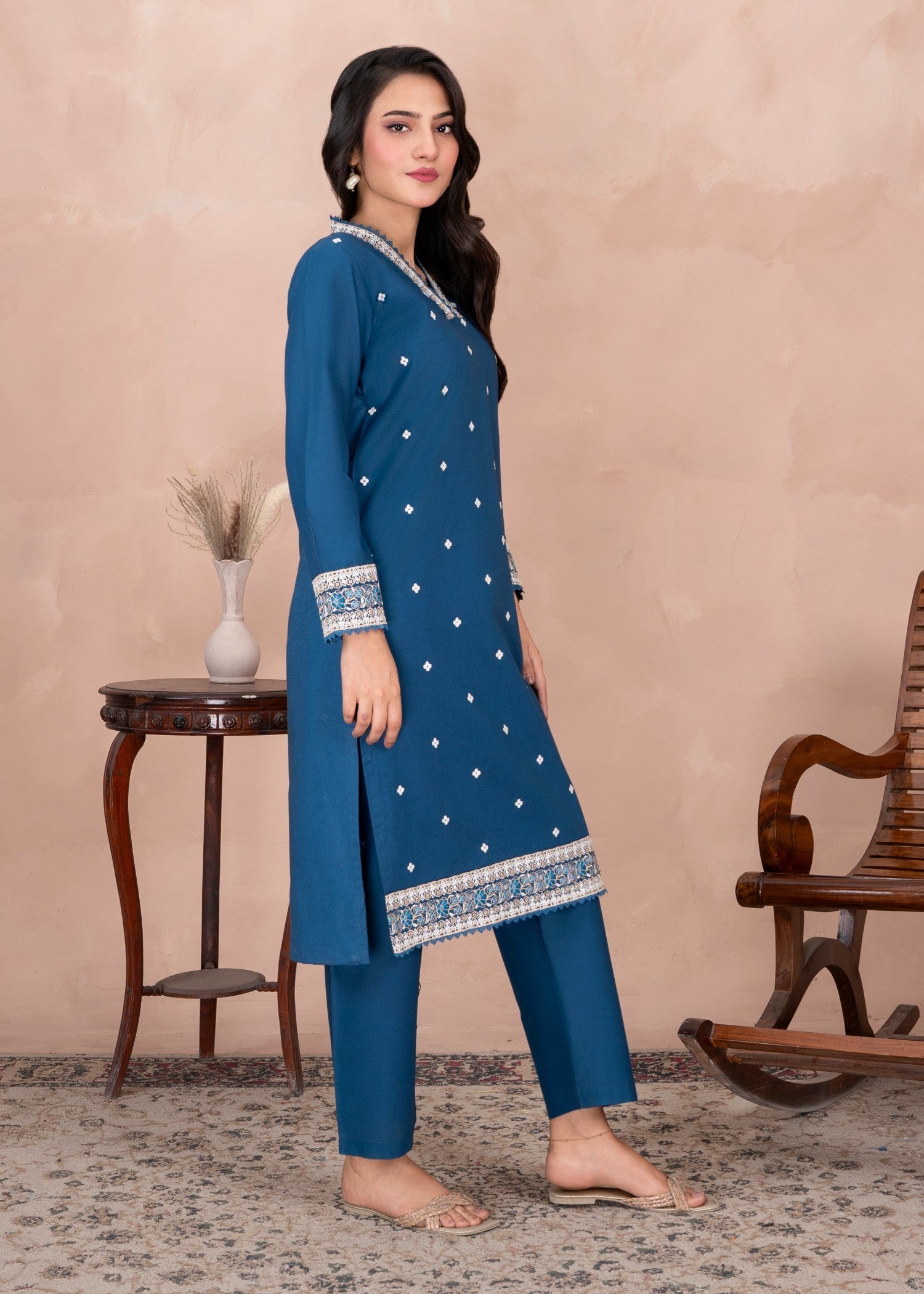 Abeera Majestic Grace – Embroidered Cotton Long Shirt Set (Art No. AB 070) Women 2pcs