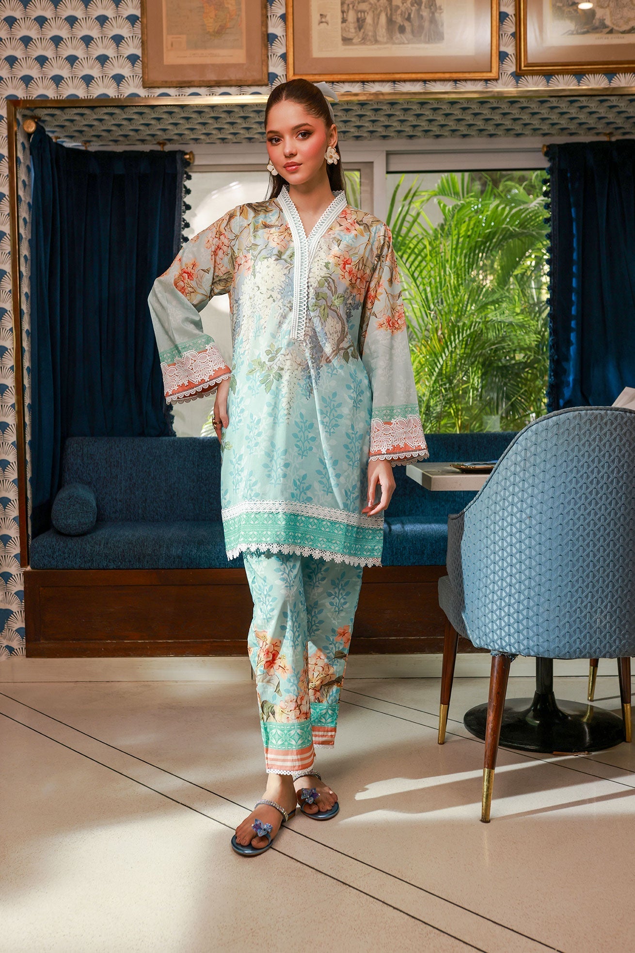 Dhanak SS24DC 2523 SKY BLUE LAWN PRINTED KURTA WITH TROUSER Women 2pcs