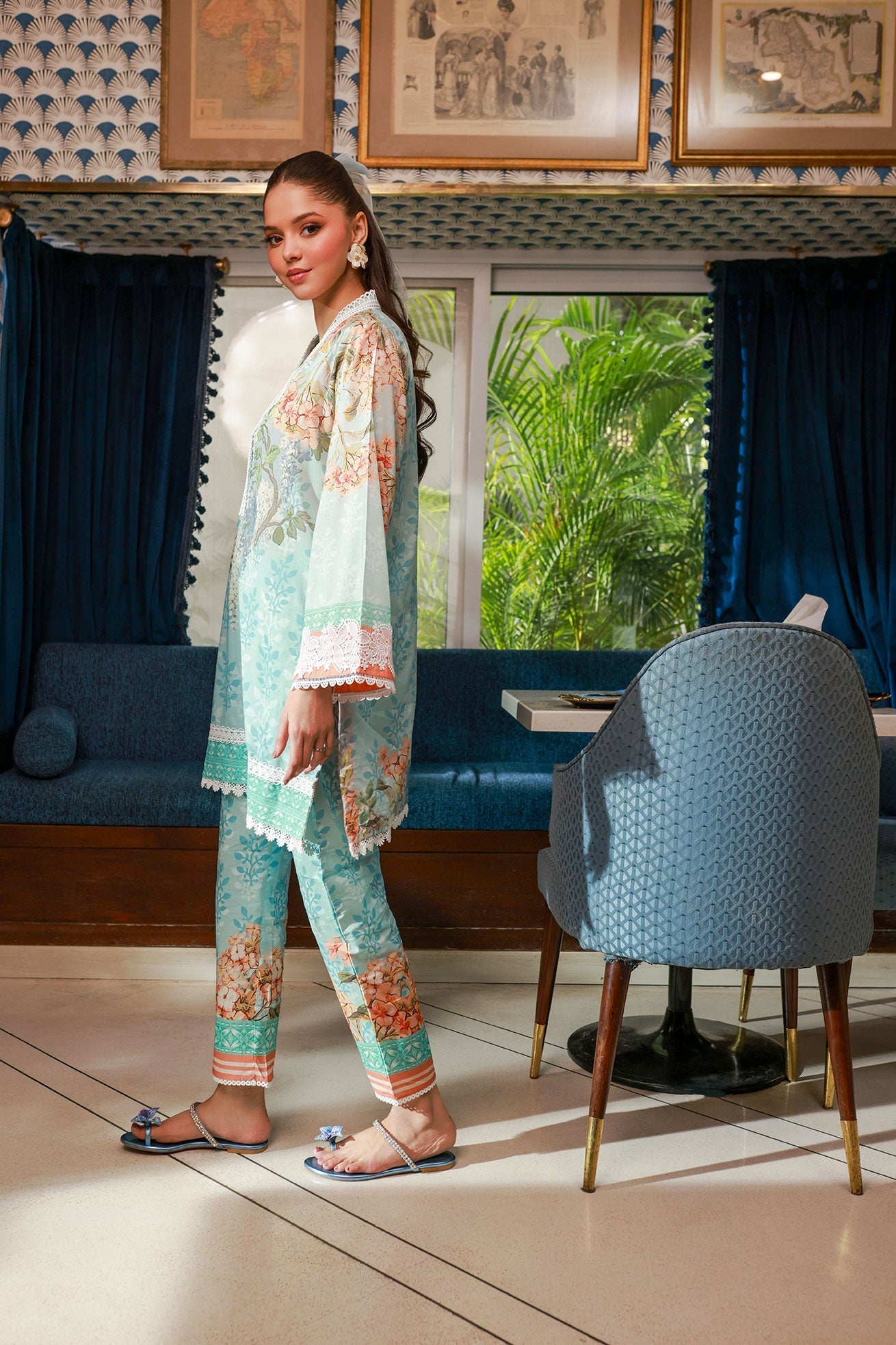 Dhanak SS24DC 2523 SKY BLUE LAWN PRINTED KURTA WITH TROUSER Women 2pcs