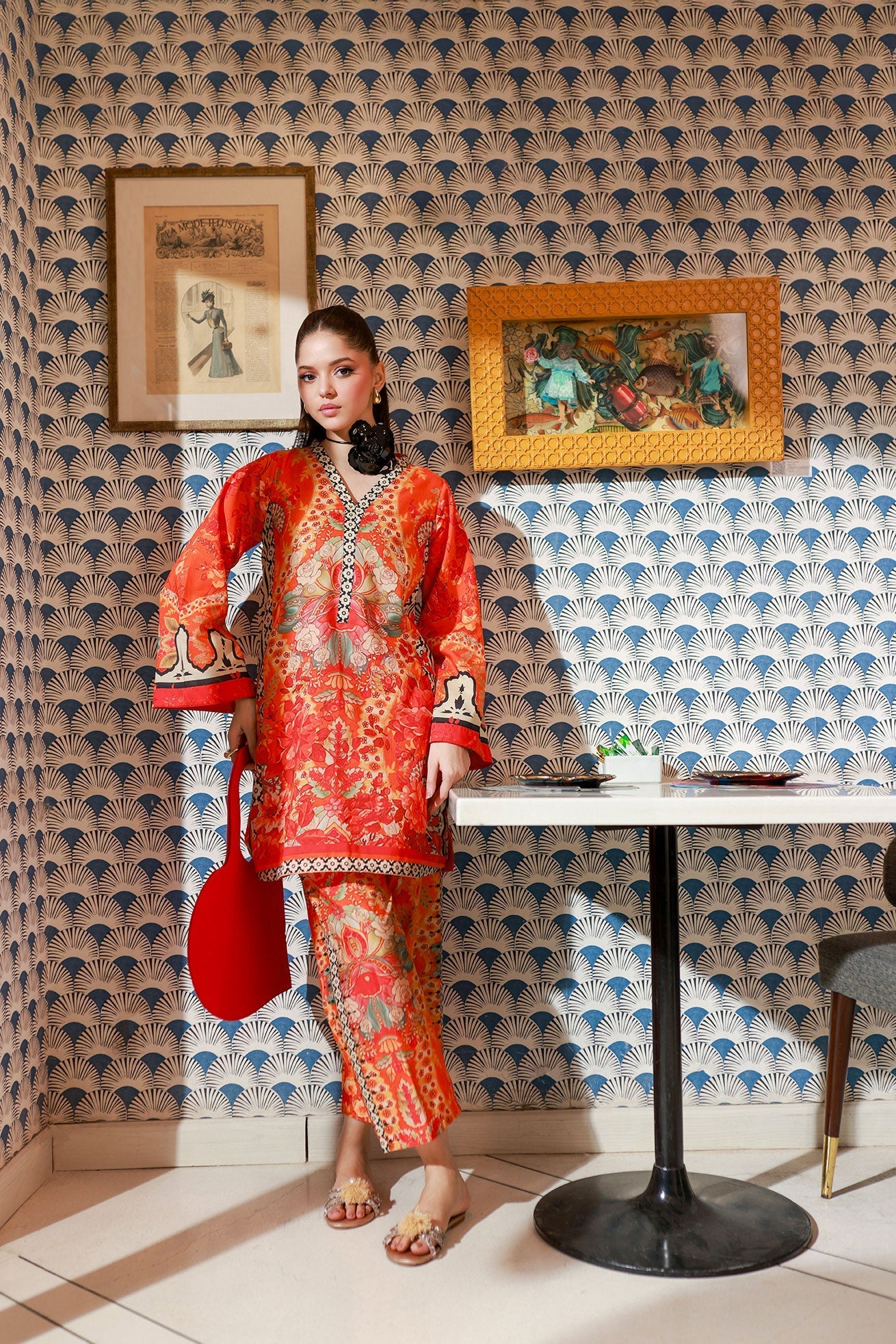 Dhanak SS24DC 2525 ORANGE LAWN PRINTED KURTA WITH TROUSER Women 2pcs