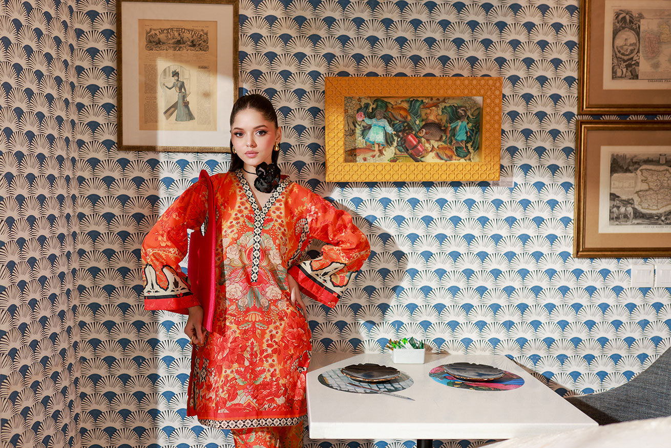 Dhanak SS24DC 2525 ORANGE LAWN PRINTED KURTA WITH TROUSER Women 2pcs