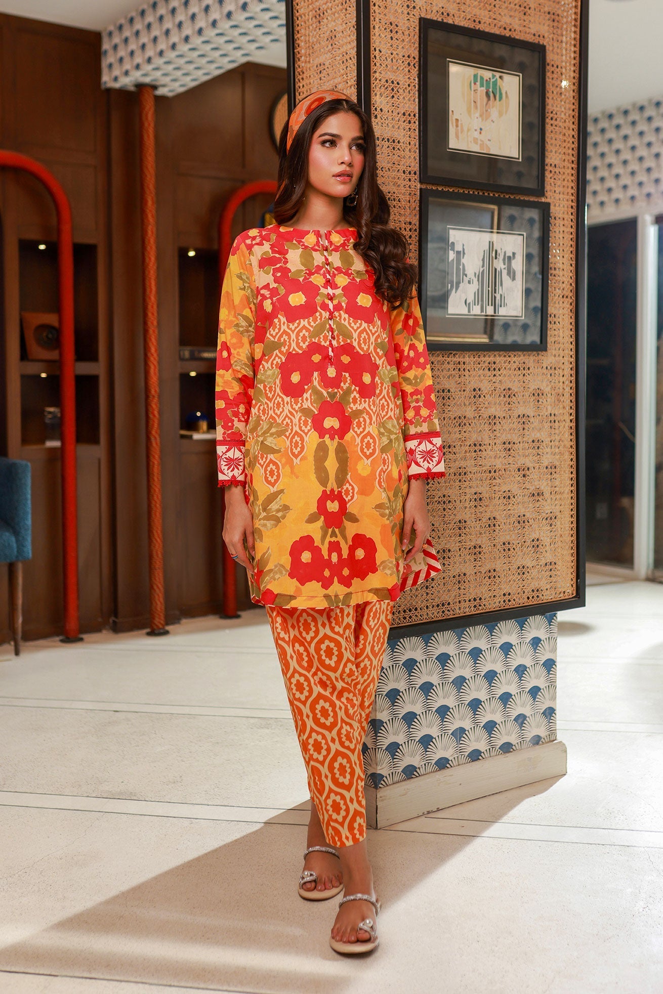 Dhanak SS24DC 2526 ORANGE LAWN PRINTED KURTA WITH TROUSER Women 2pcs