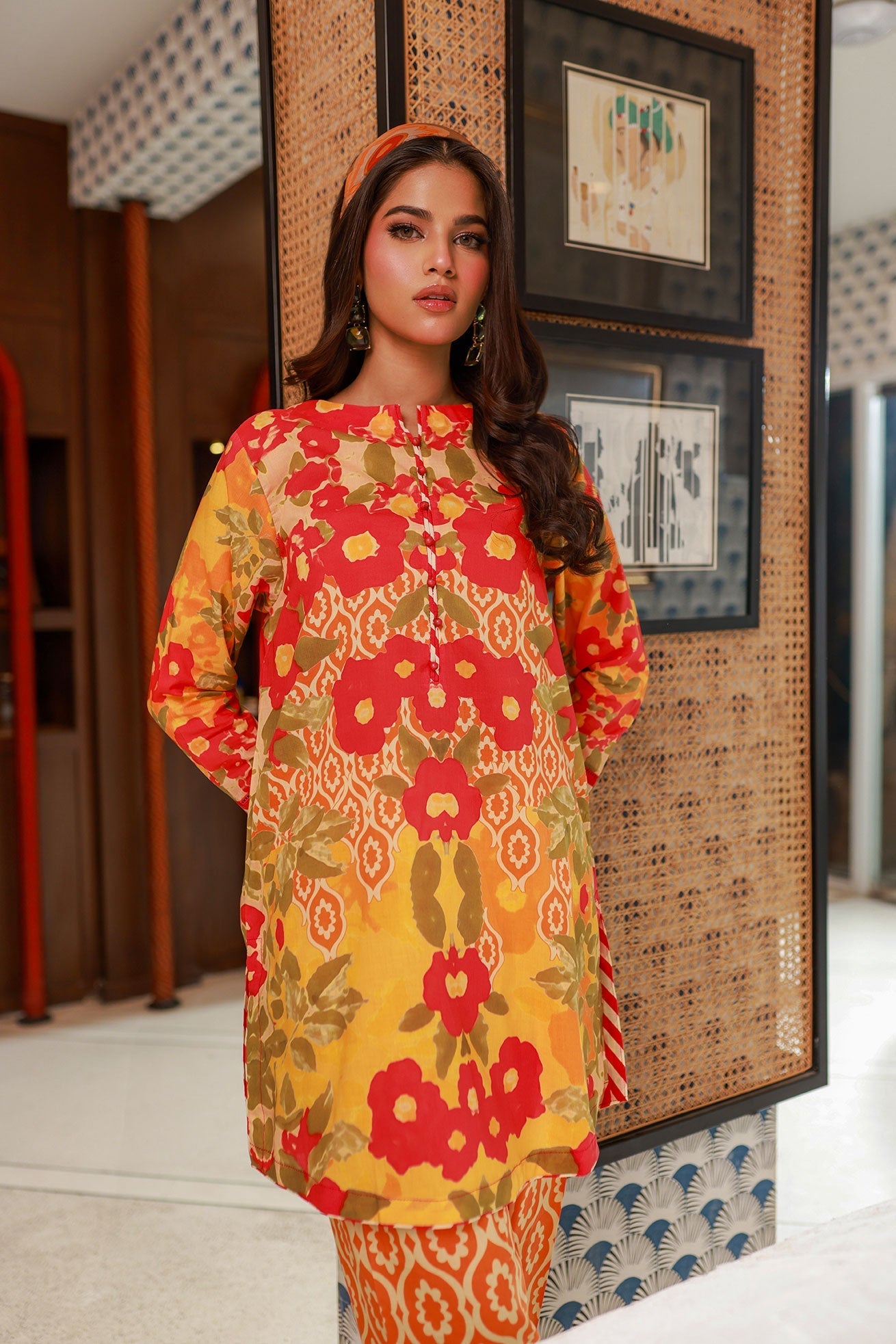 Dhanak SS24DC 2526 ORANGE LAWN PRINTED KURTA WITH TROUSER Women 2pcs