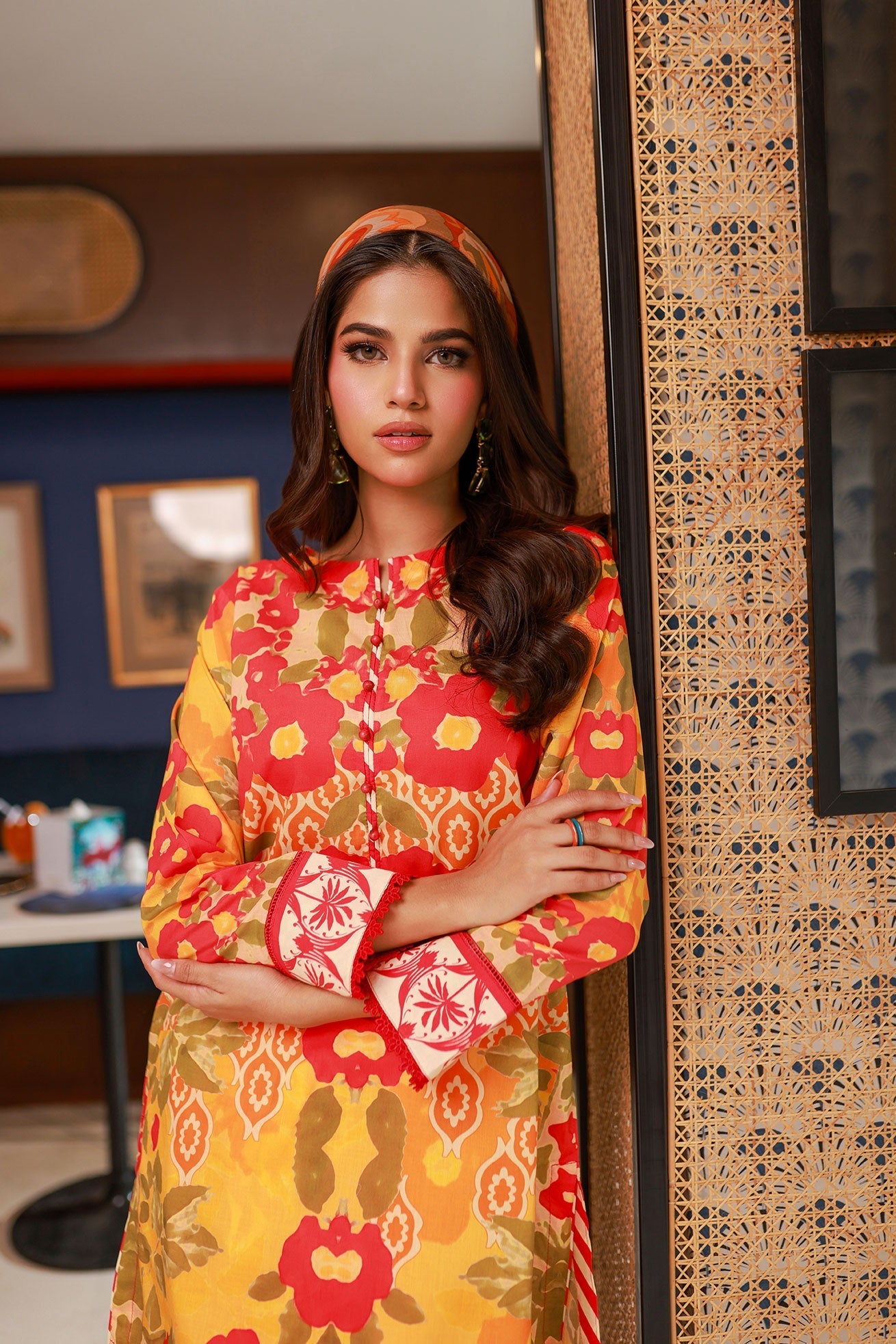 Dhanak SS24DC 2526 ORANGE LAWN PRINTED KURTA WITH TROUSER Women 2pcs