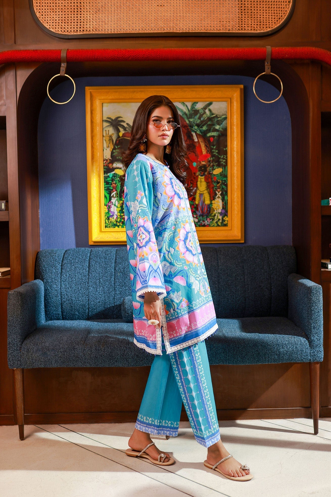 Dhanak SS24DC 2528 BLUE LAWN PRINTED KURTA WITH TROUSER Women 2pcs