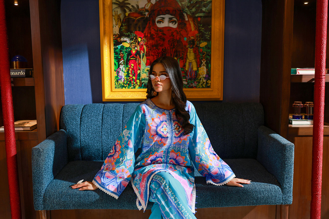 Dhanak SS24DC 2528 BLUE LAWN PRINTED KURTA WITH TROUSER Women 2pcs