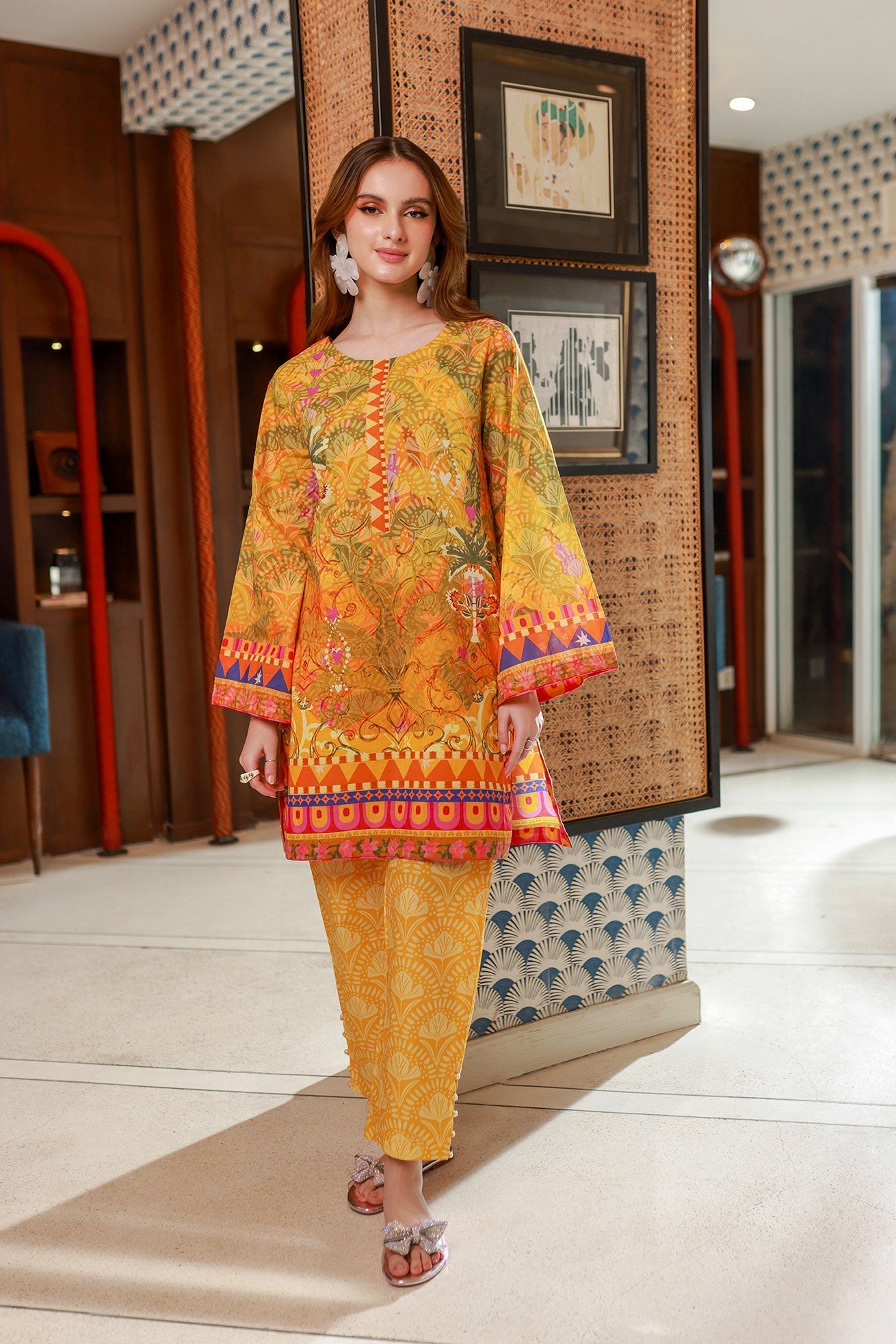 Dhanak SS24DC 2532 MUSTARD LAWN PRINTED KURTA WITH TROUSER Women 2pcs