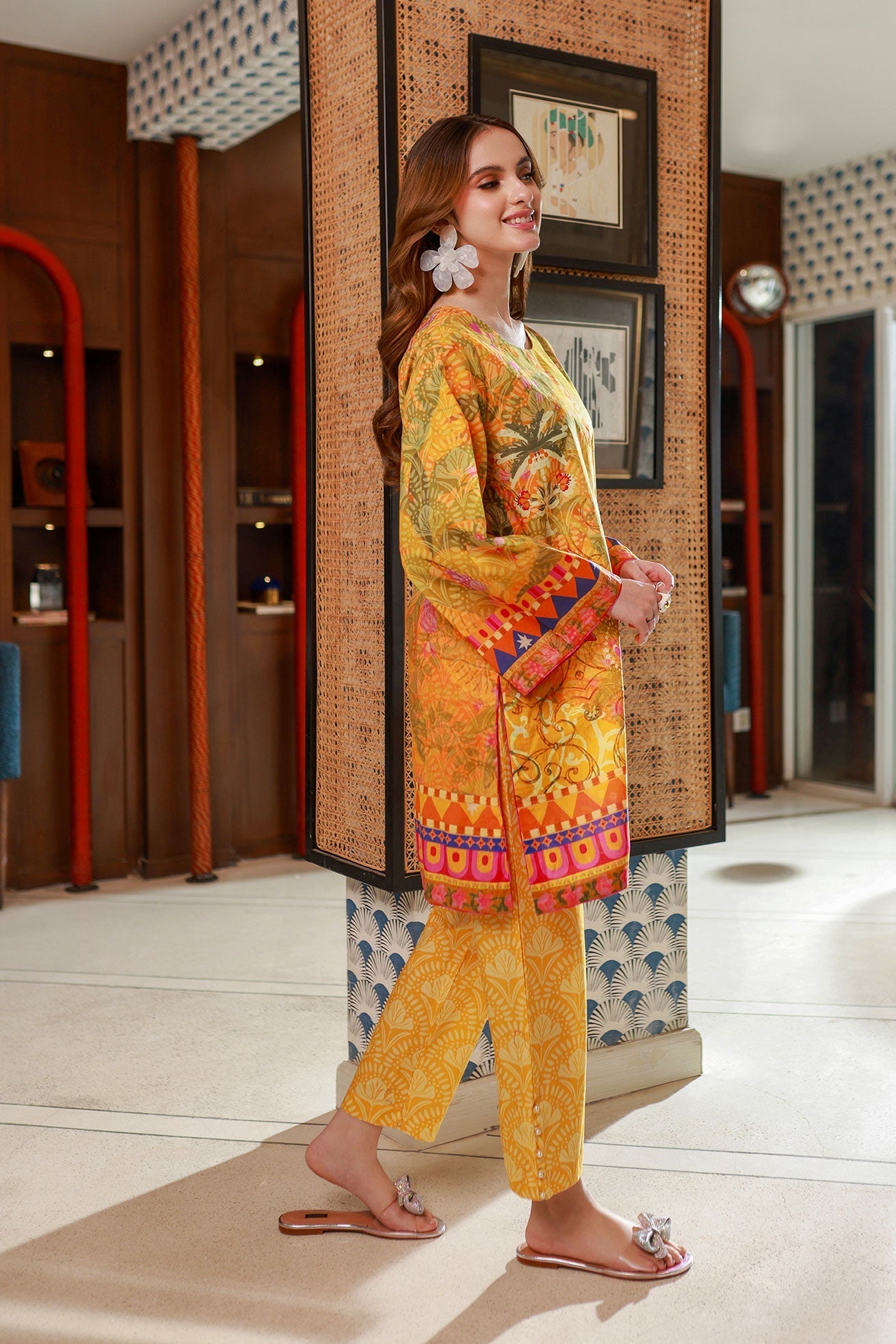 Dhanak SS24DC 2532 MUSTARD LAWN PRINTED KURTA WITH TROUSER Women 2pcs