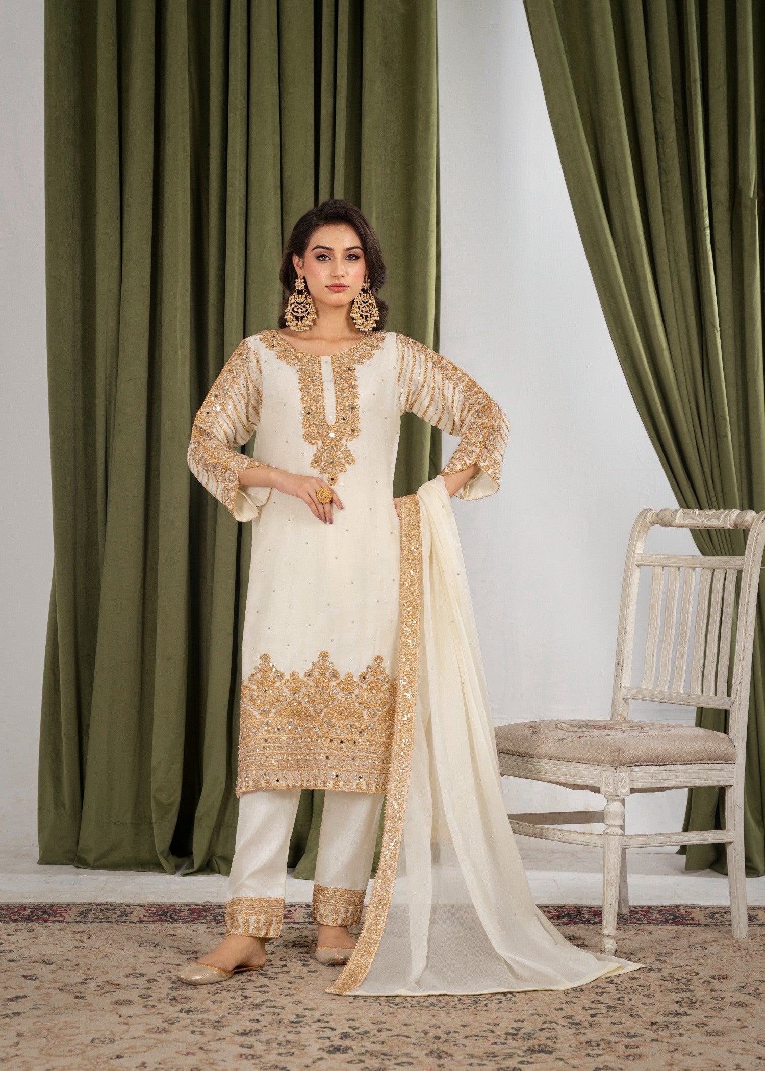 Hkb Officials ZUHAL Chiffon Half White & Gold Women 3pcs