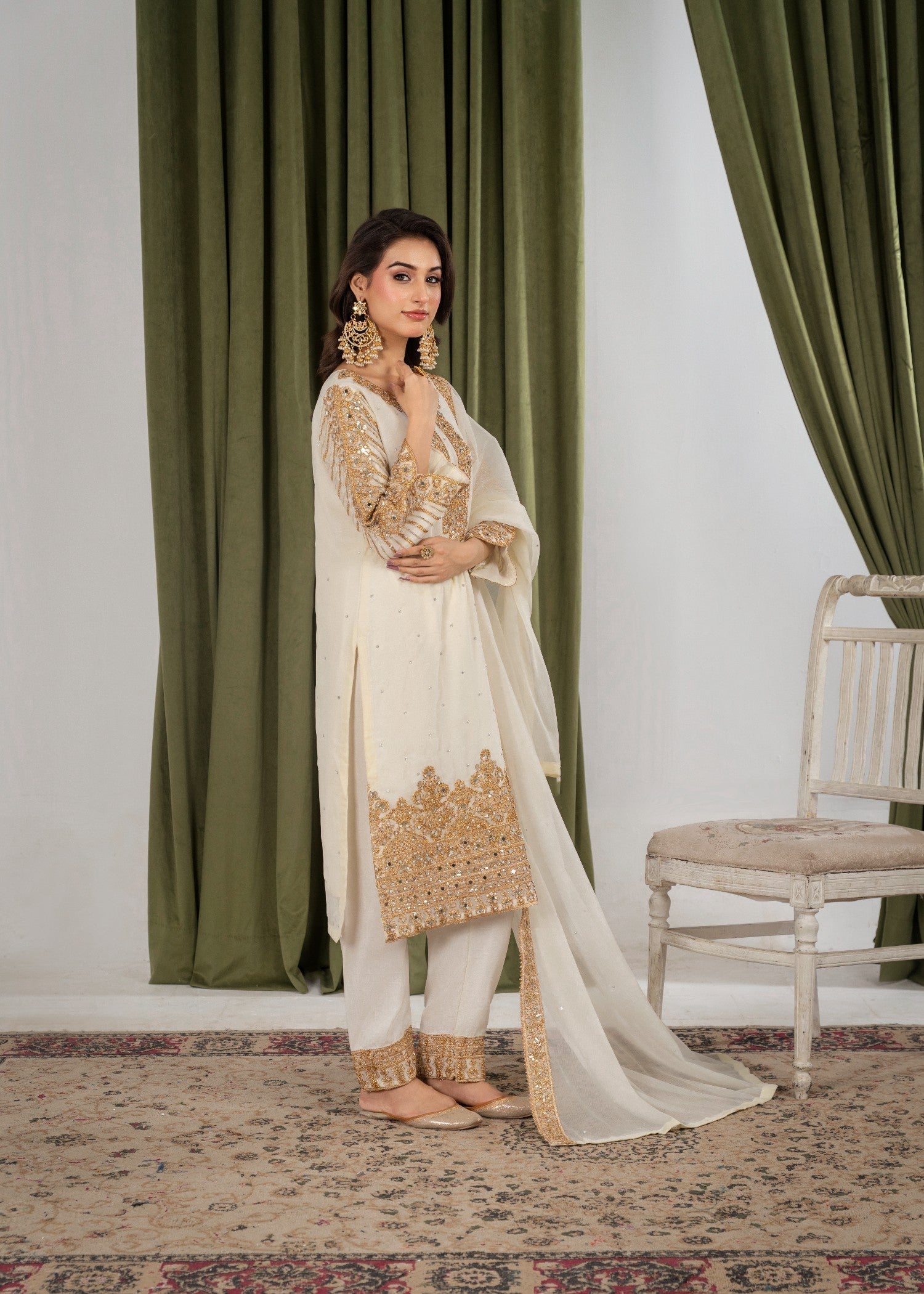 Hkb Officials ZUHAL Chiffon Half White & Gold Women 3pcs