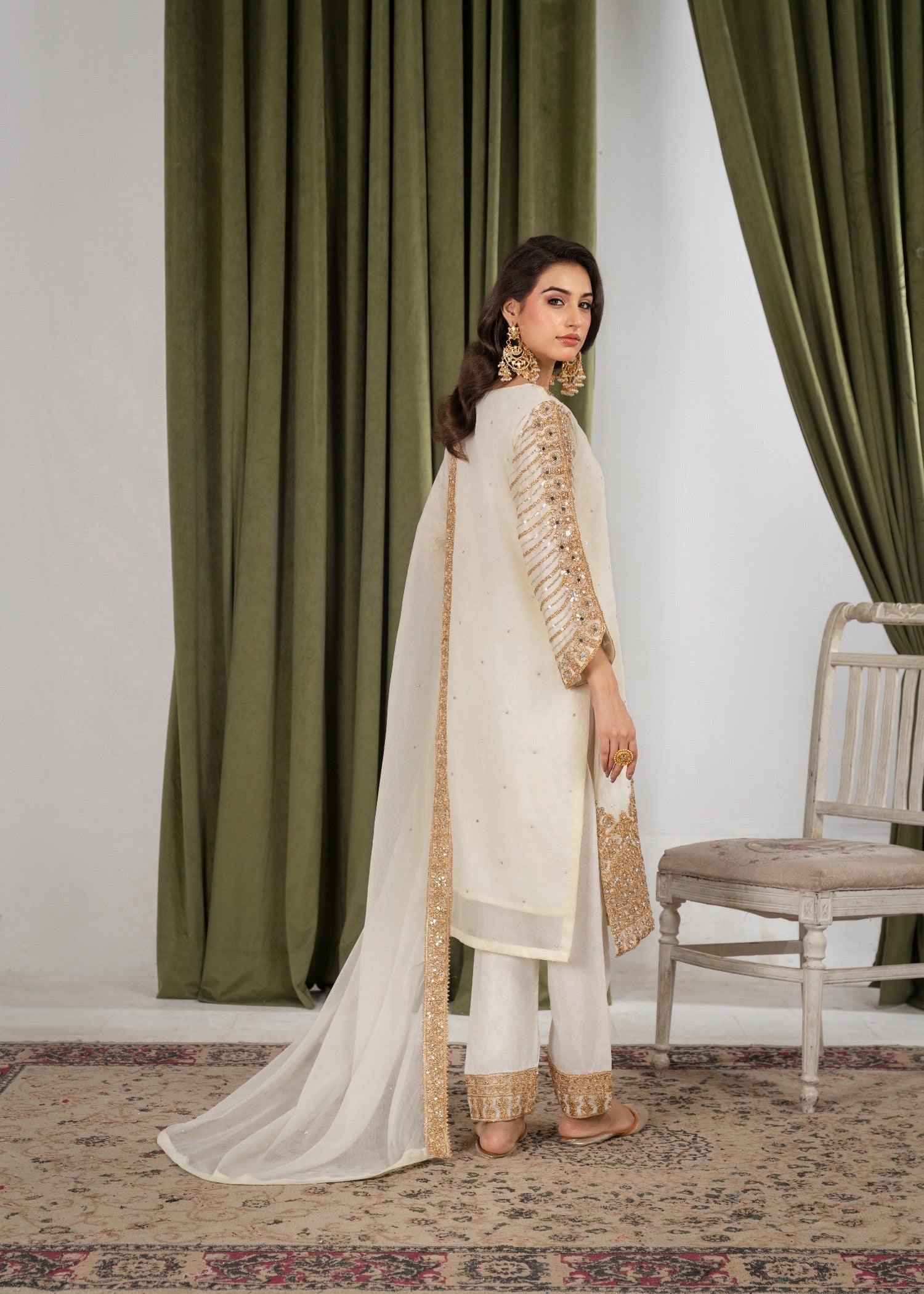 Hkb Officials ZUHAL Chiffon Half White & Gold Women 3pcs