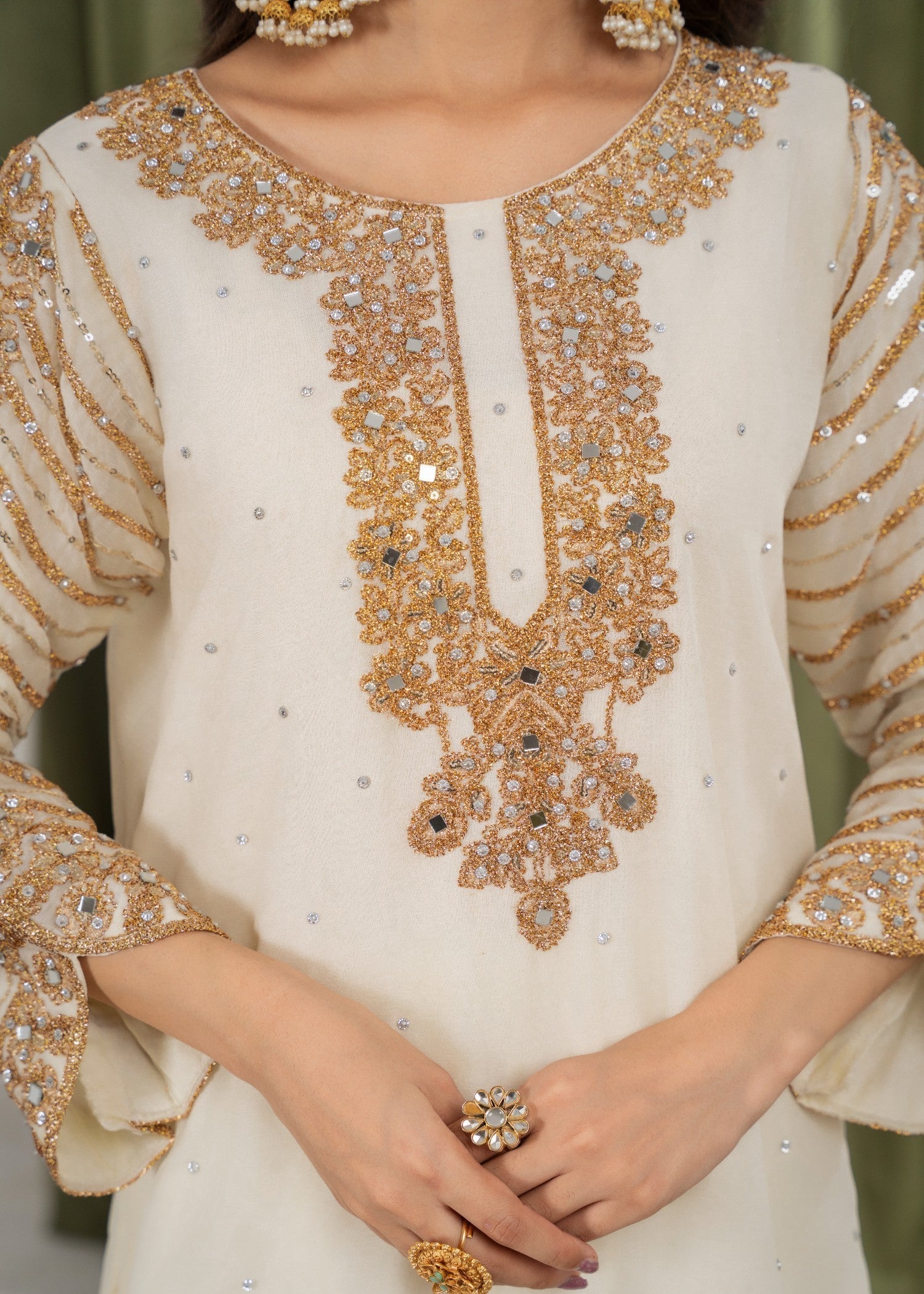 Hkb Officials ZUHAL Chiffon Half White & Gold Women 3pcs