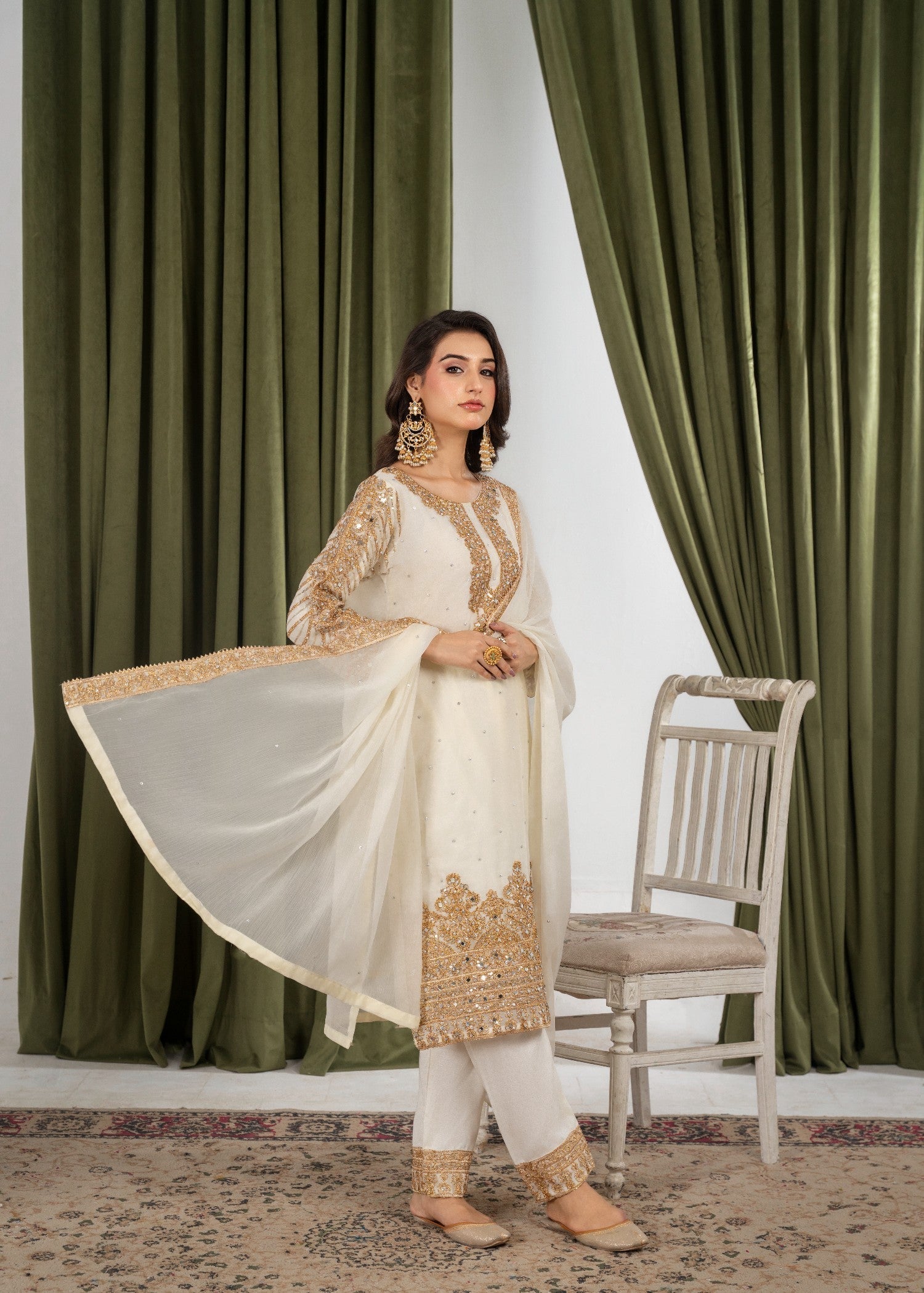 Hkb Officials ZUHAL Chiffon Half White & Gold Women 3pcs