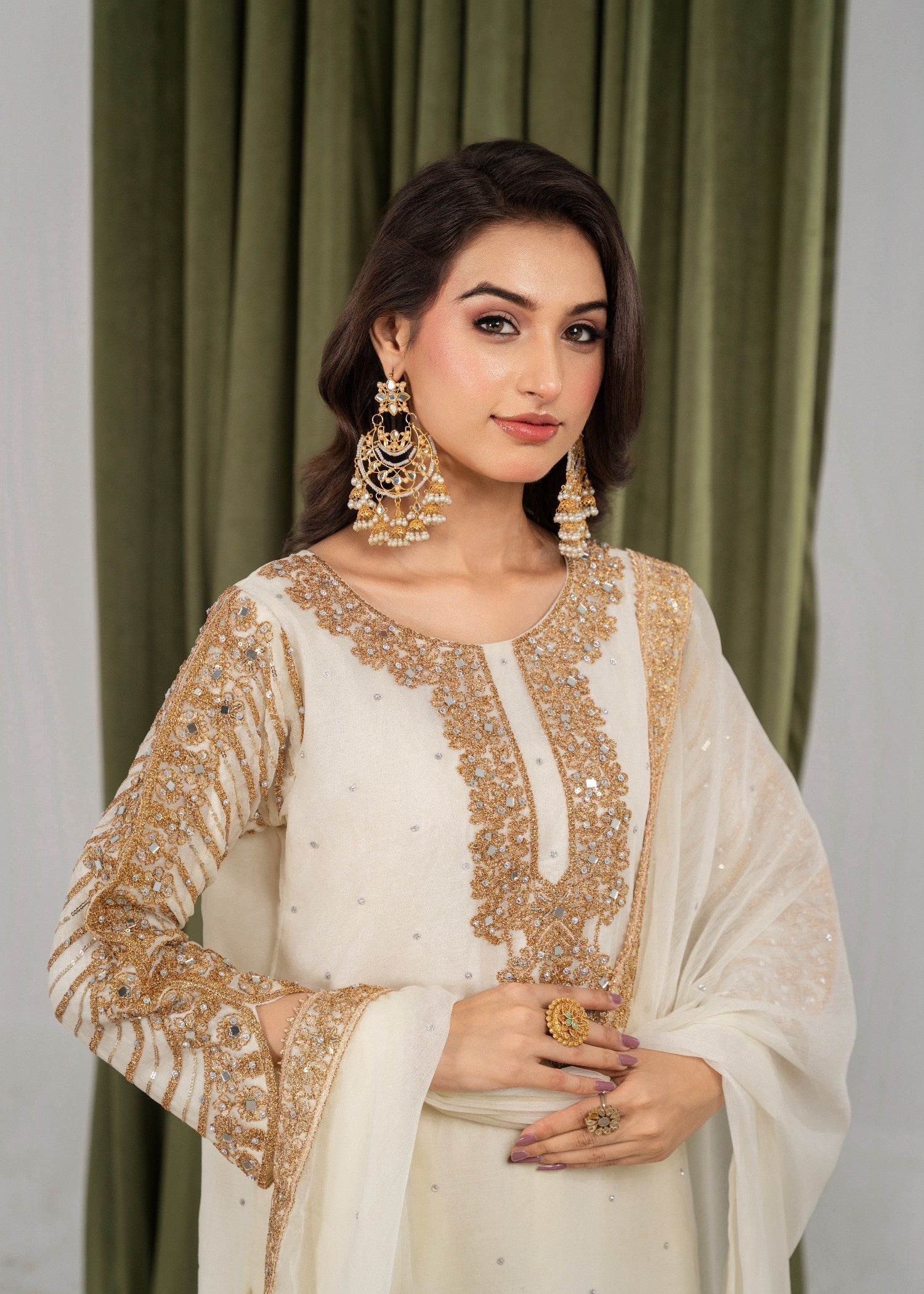 Hkb Officials ZUHAL Chiffon Half White & Gold Women 3pcs