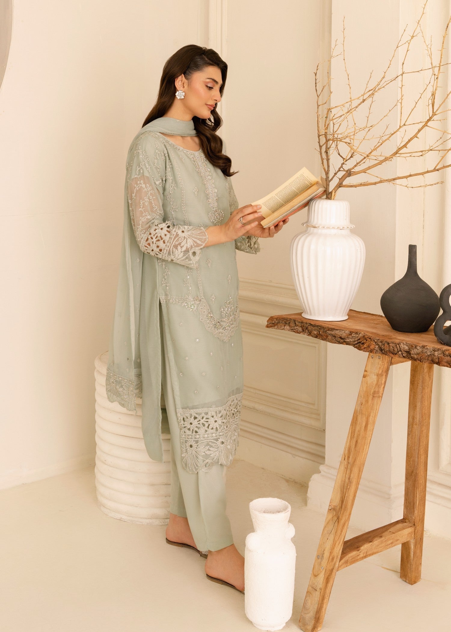 Four Season Boutique CUTWORK CHIFFON PASTEL GREEN Women 3pcs