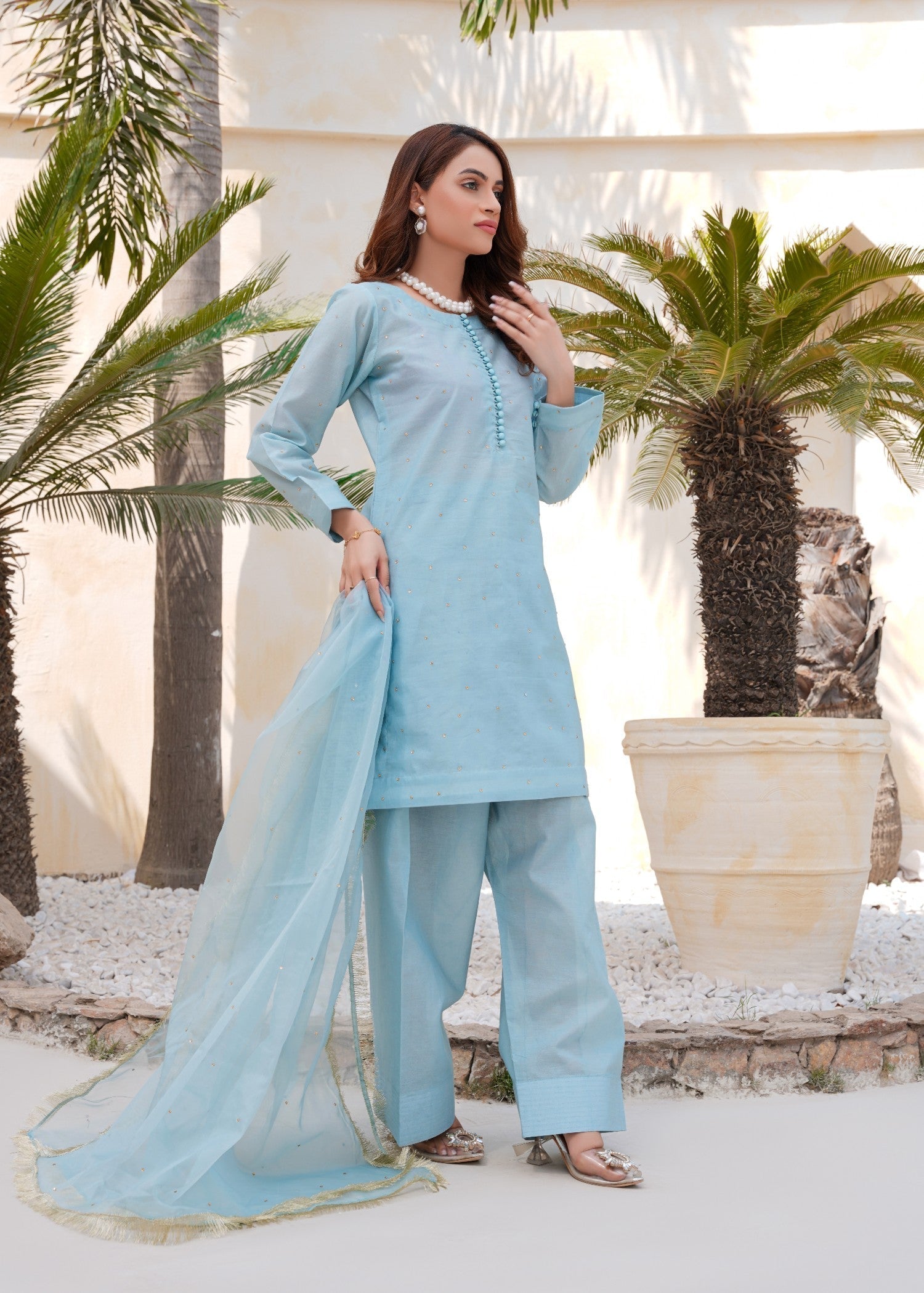 Kashaf Ice Blue Farshi shalwar cotton silk Women 3pcs