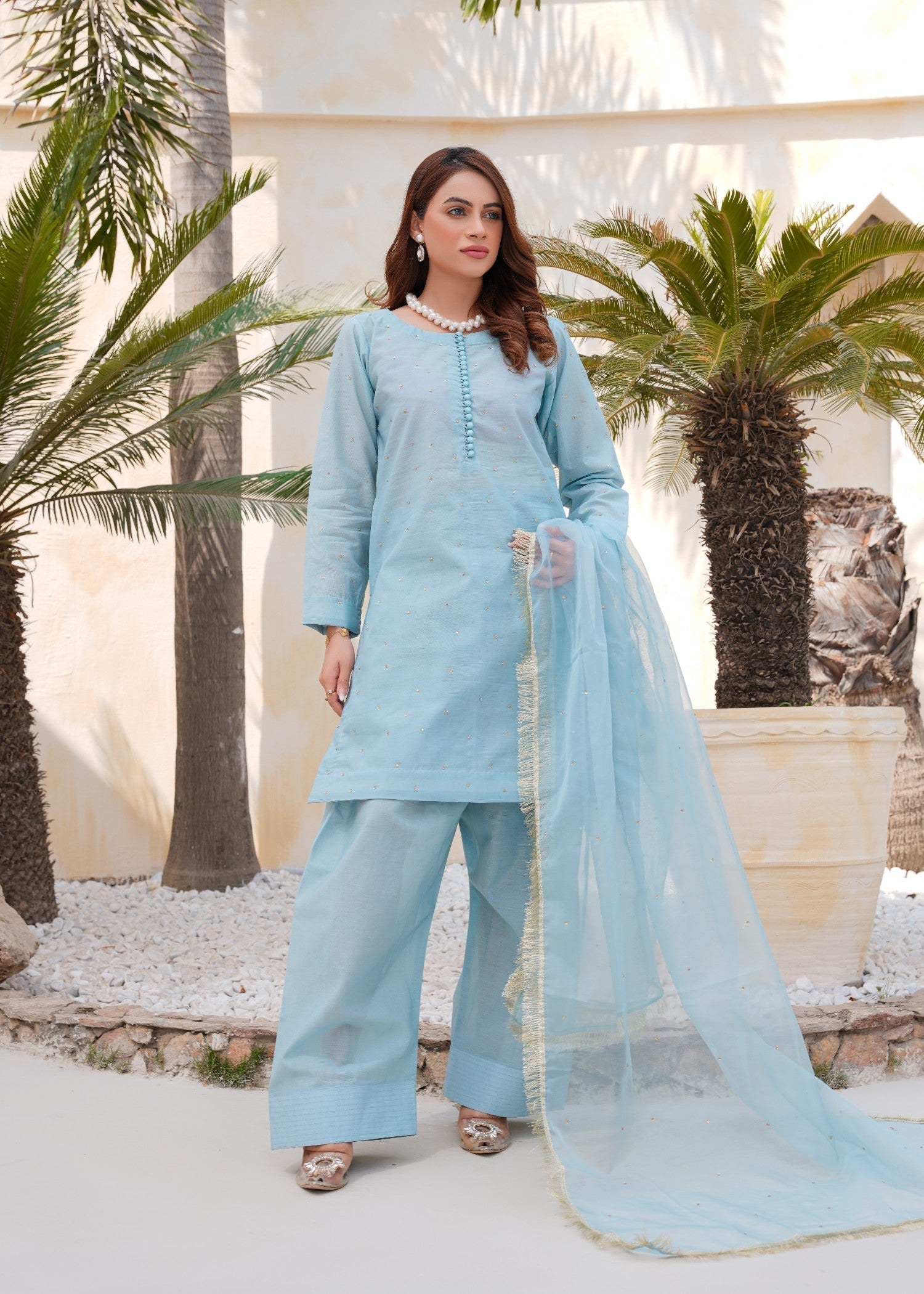 Kashaf Ice Blue Farshi shalwar cotton silk Women 3pcs