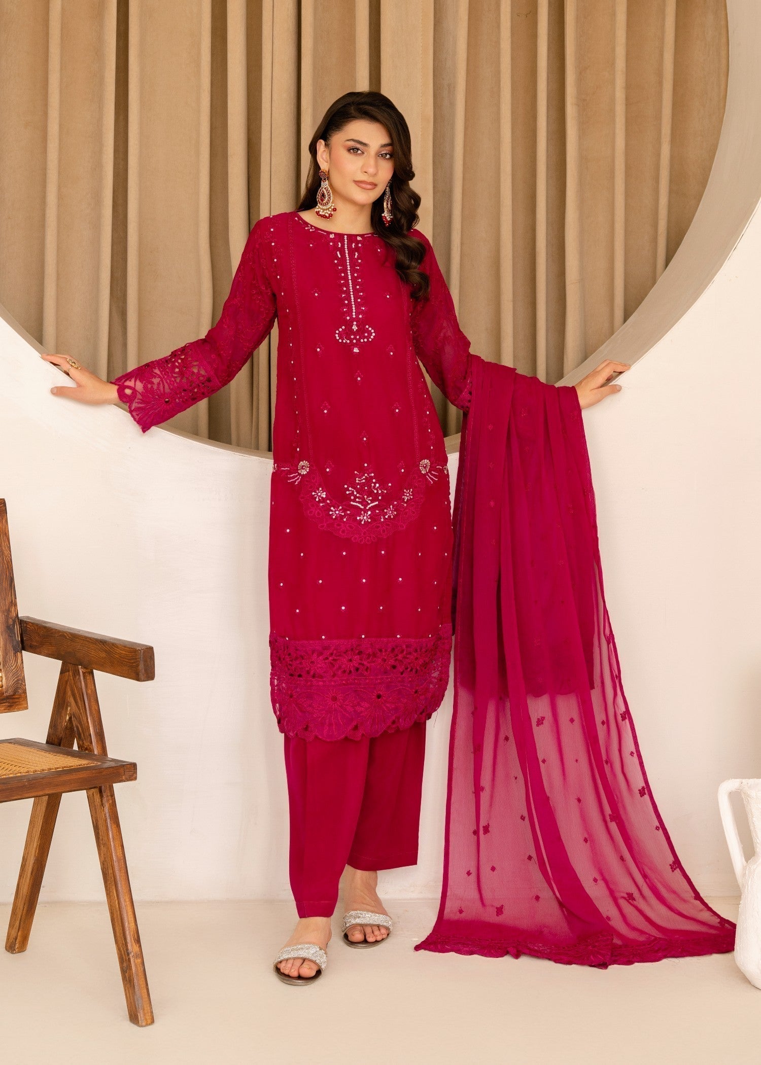 Four Season Boutique CUTWORK CHIFFON HOTPINK Women 3pcs