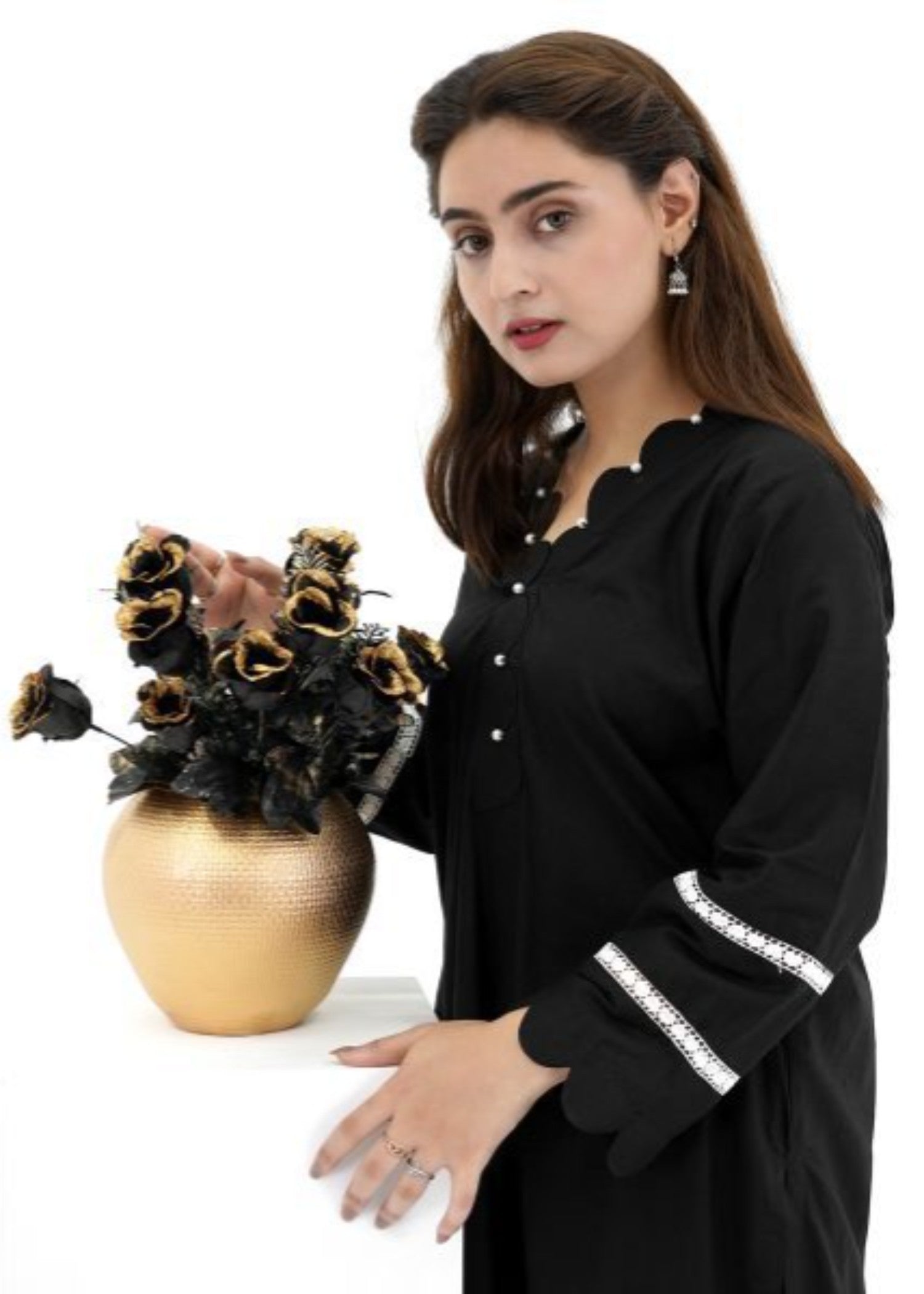 Pretbee Black Crochet Set with Pearl Buttons Women 2pcs
