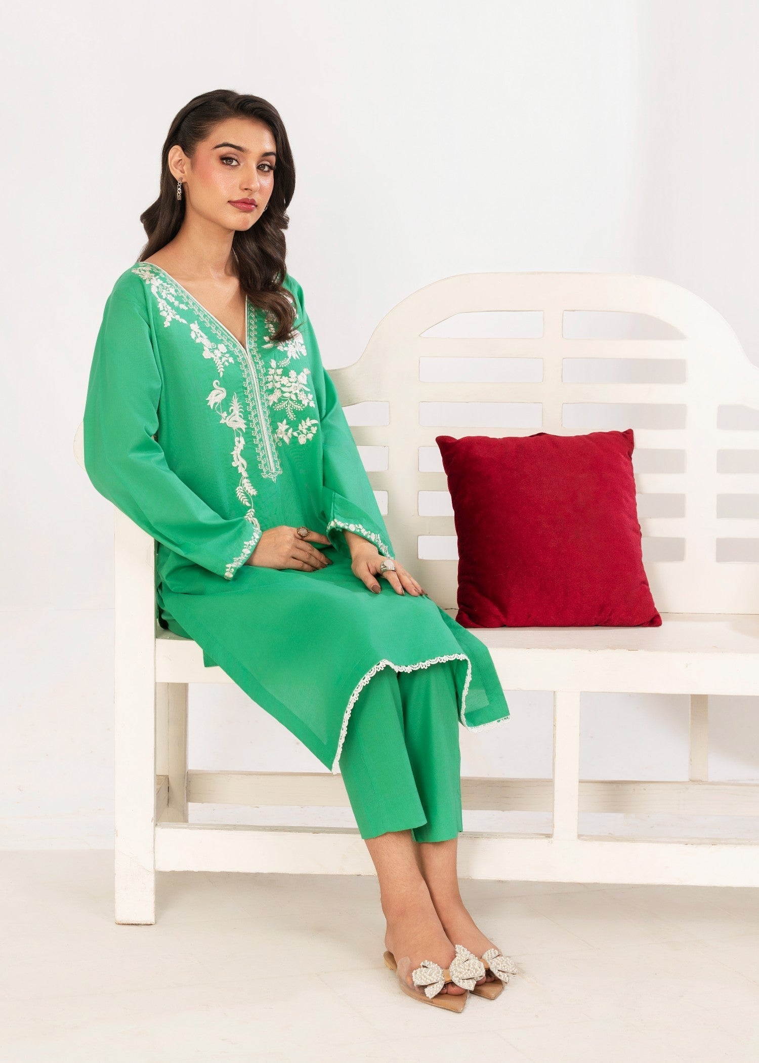 Ahlam By Safa Textile Embroidery Suit (parrot green) Women 2pcs