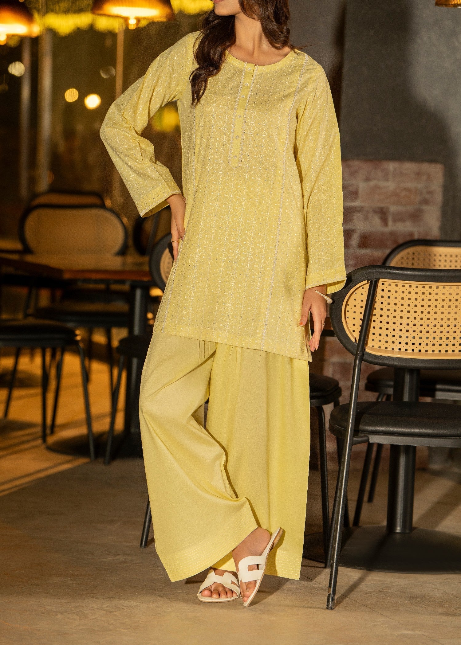 Casual Lite Farshi Shalwar Lime Yellow Women 2pcs