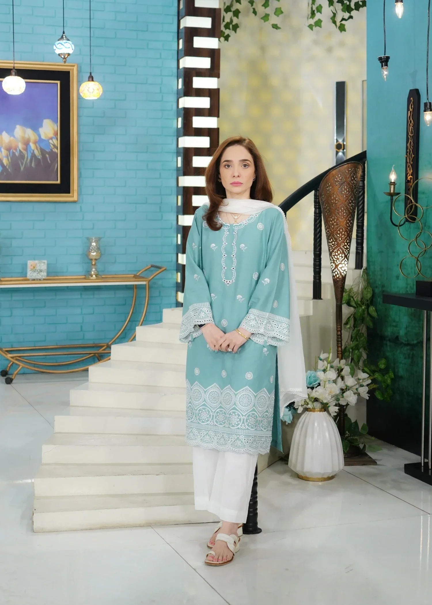 Urban Cut Cotton Dobby Chikankaari Embroidered Suit Women 2pcs