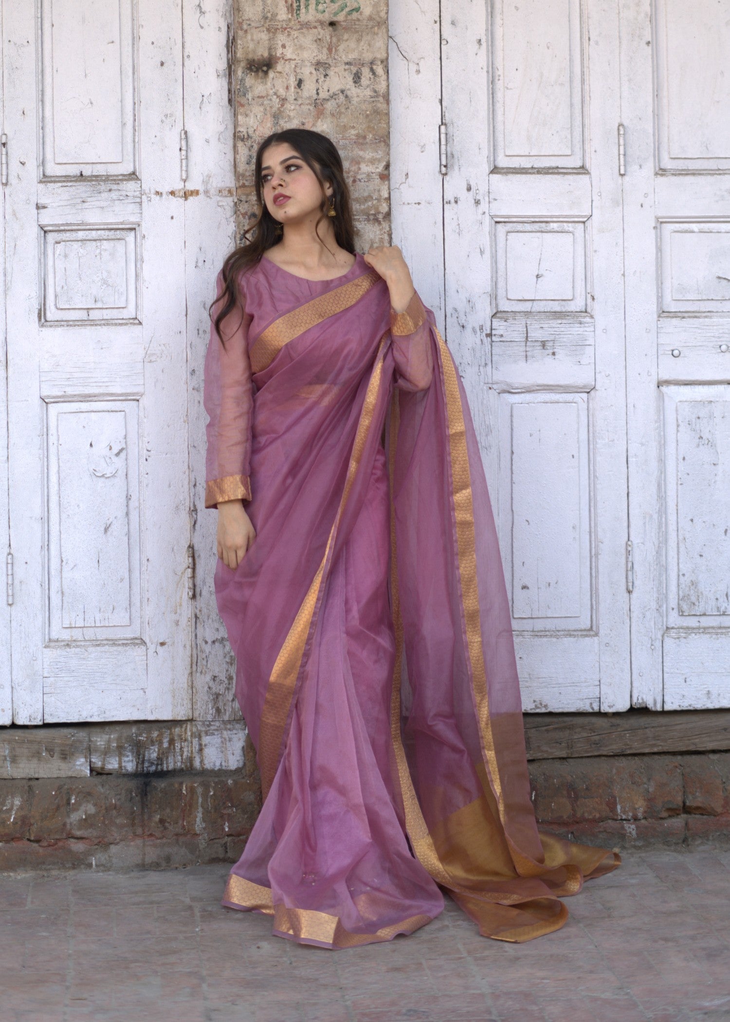 Noroz Lilac Zarri Organza Saree Women 3pcs