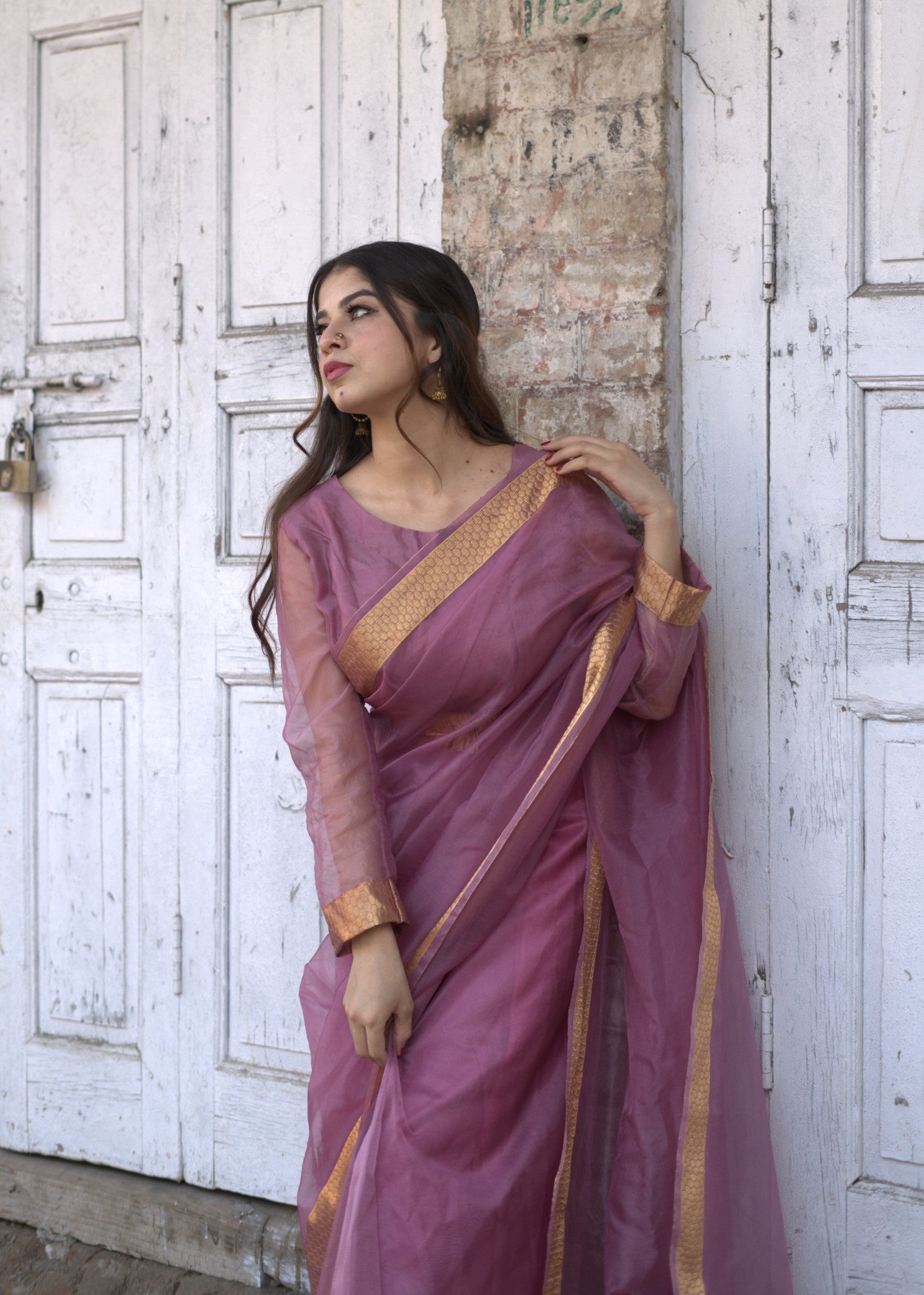 Noroz Lilac Zarri Organza Saree Women 3pcs