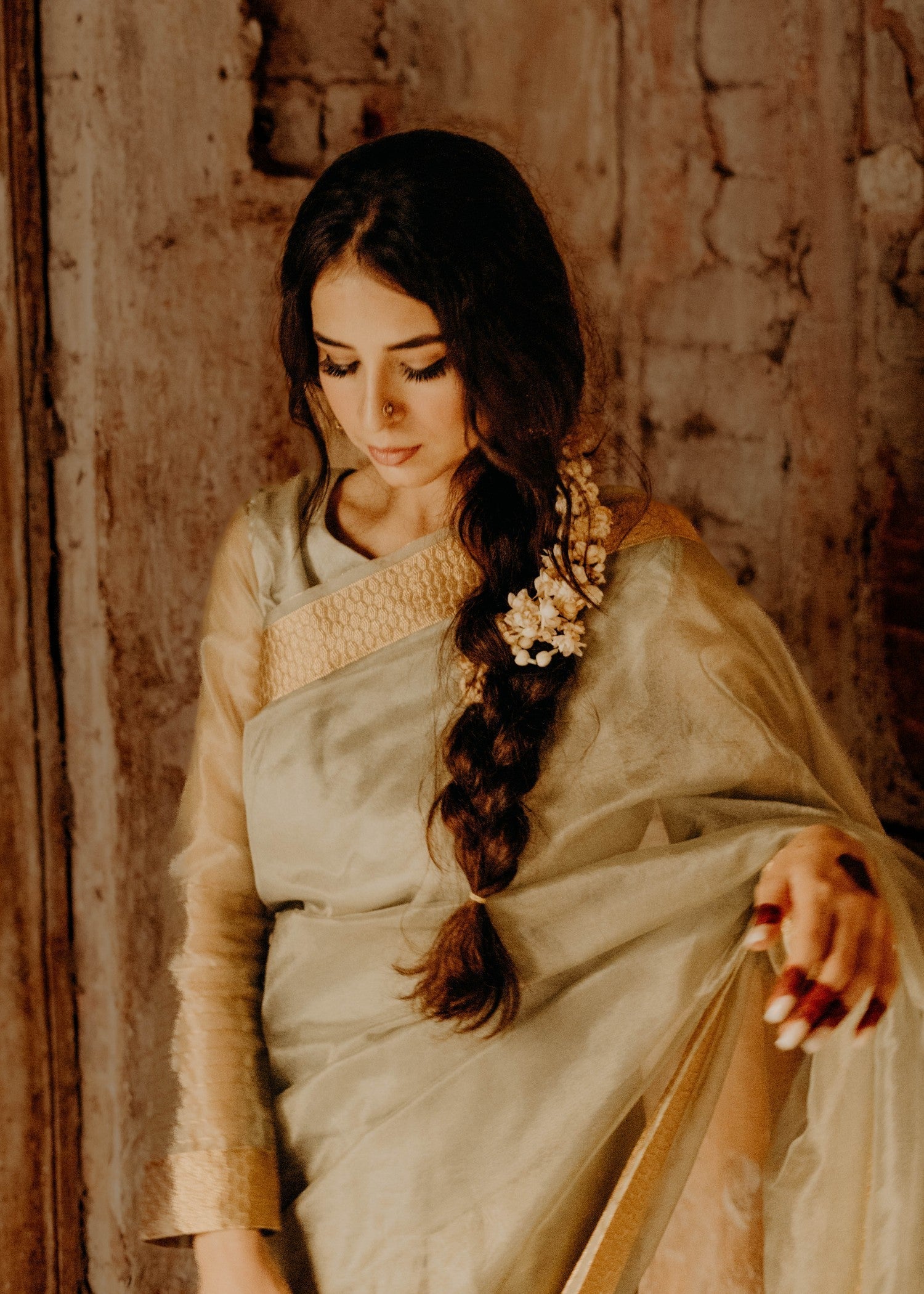 Noroz Moss Zari Organza Saree Women 3pcs